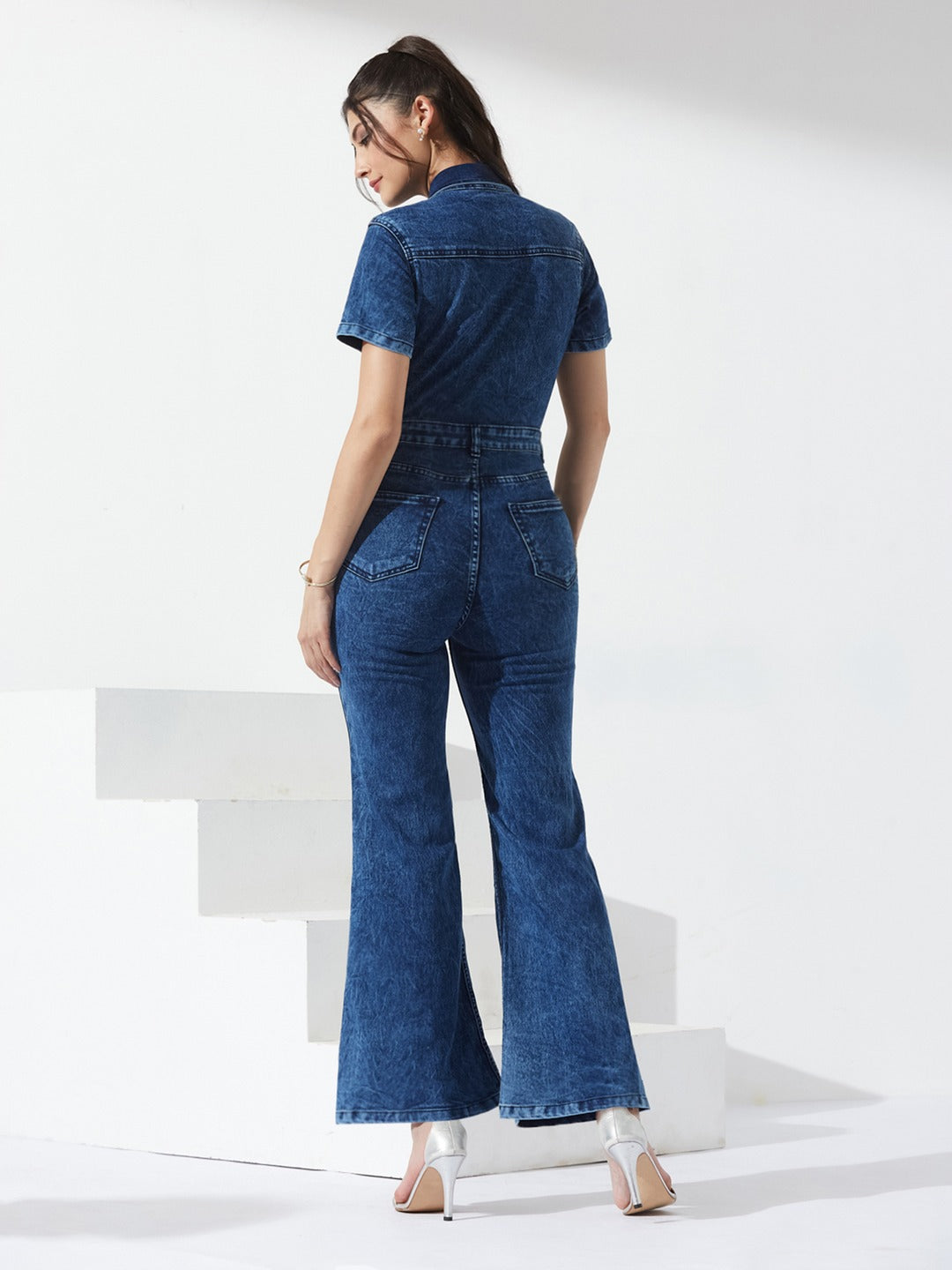 Navy Blue Flared high-rise Regular Stretchable Denim Jumpsuit for Women