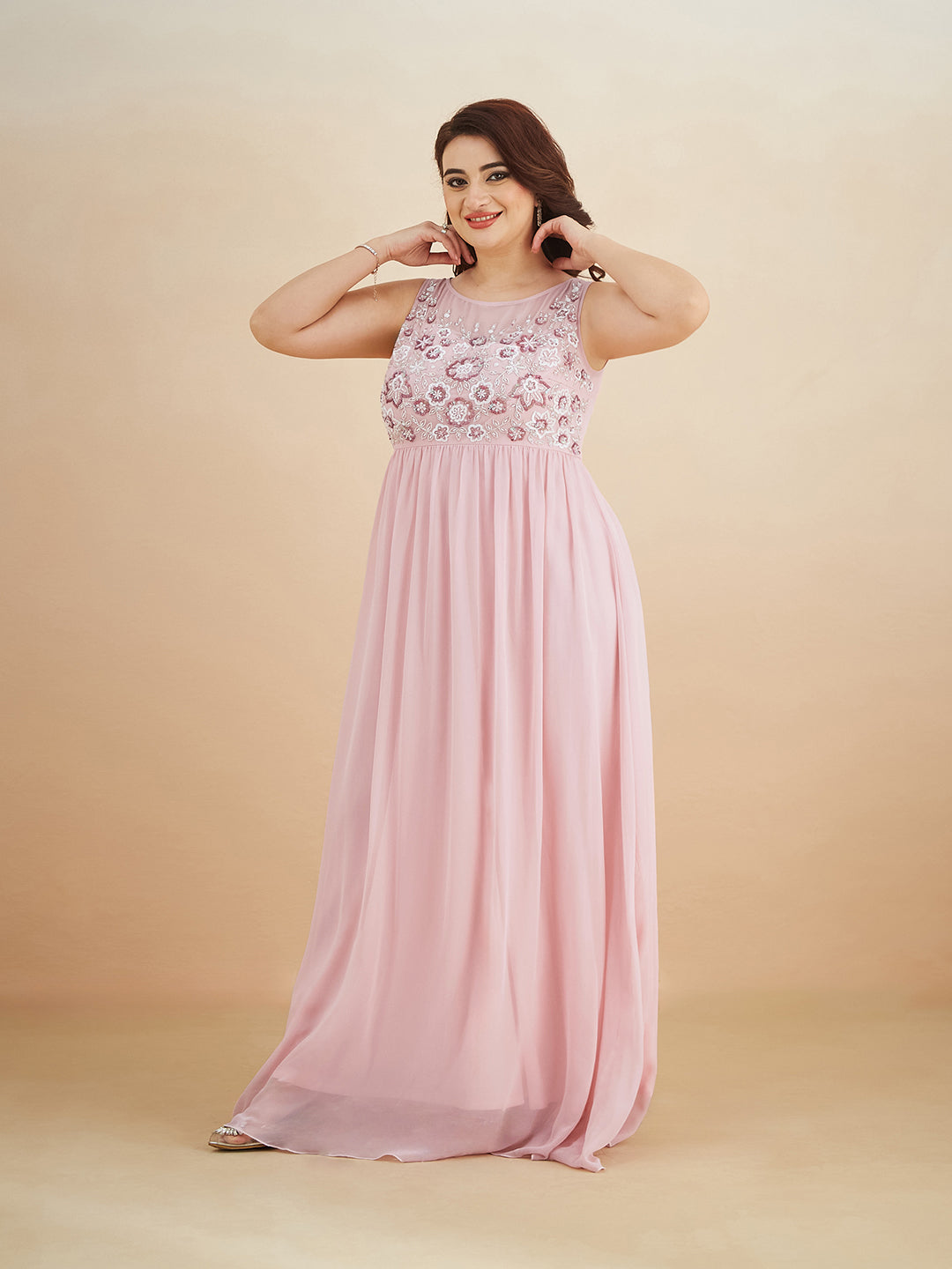Dusty Pink Boat Neck Sleeveless Embellished Gathered Regular Dress for Women
