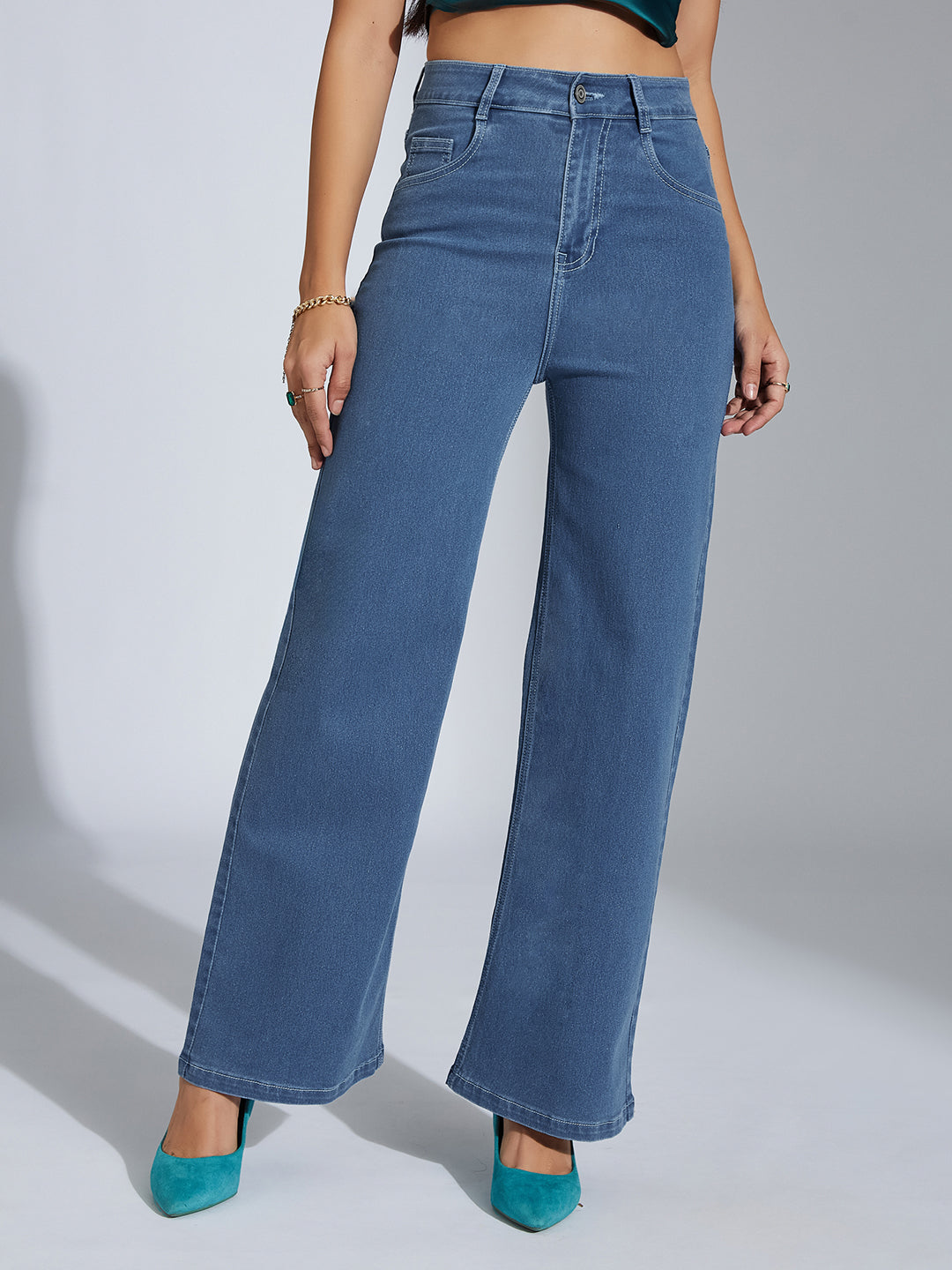 24/7 Comfort Blue Wide-Leg High-Rise Stretchable Denim Jeans