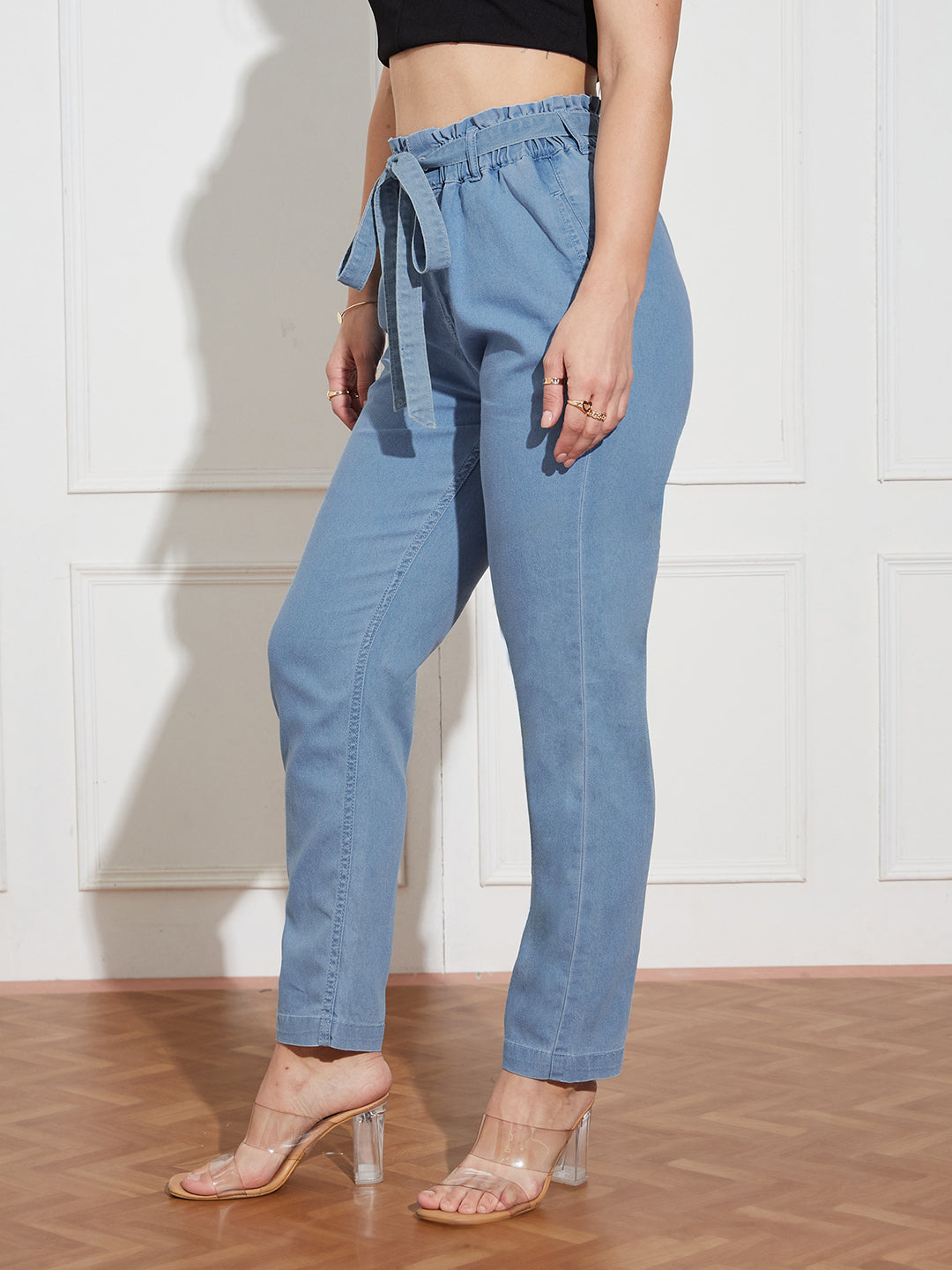 Women's Light-Blue Paperbag-Fit High-Rise Clean-Look Regular-Length Stretchable Denim Jeans