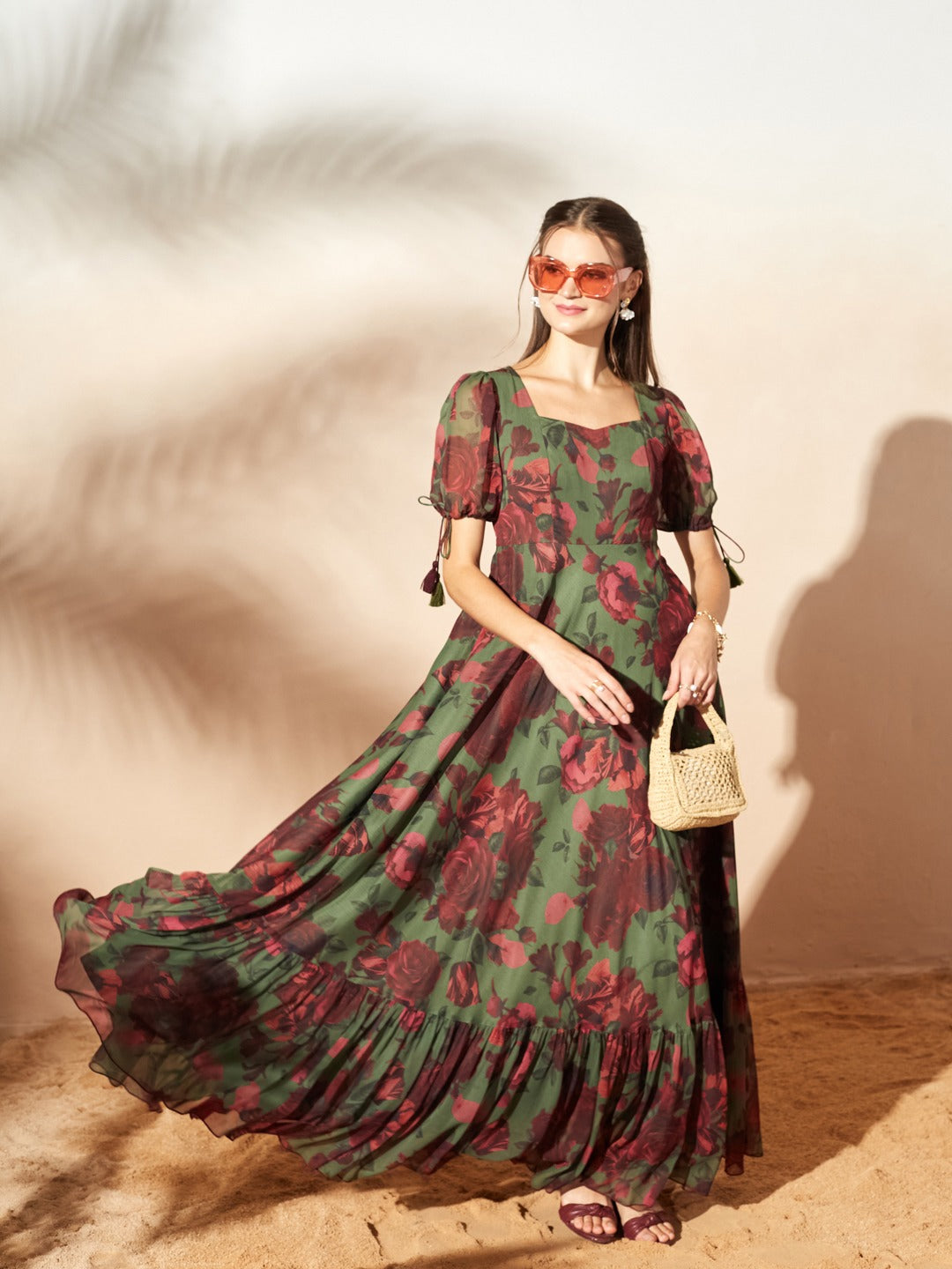 Olive And Wine Sweetheart Neck Puff Sleeve Floral Tiered Maxi Chiffon Dress for Women
