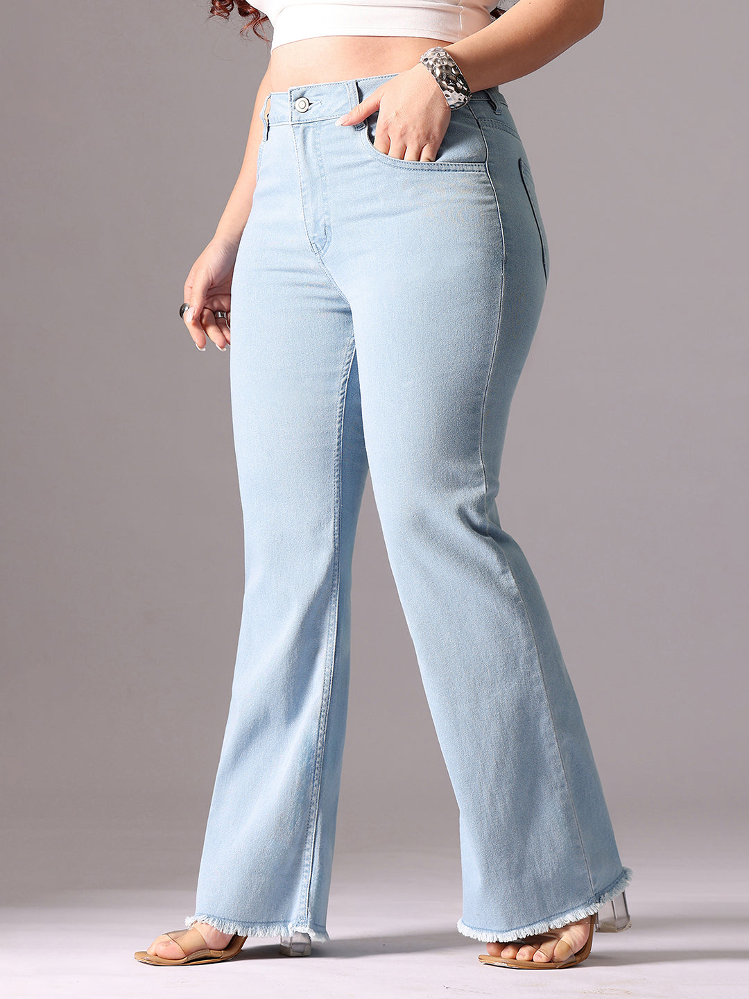 Women's Light Blue Bootcut High-Rise Clean-Look Cropped Stretchable Denim Jeans