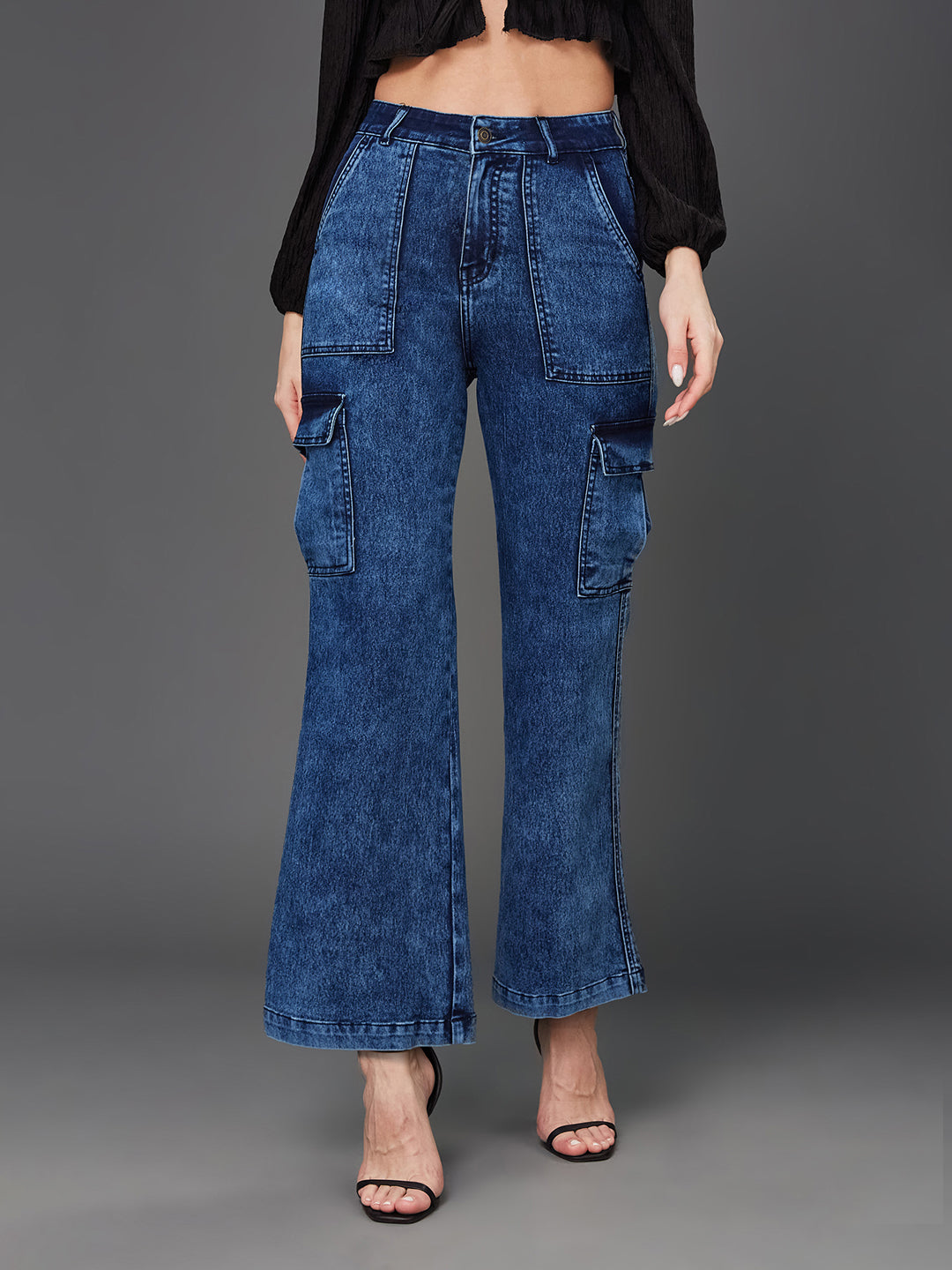 24/7 Comfort Mid Blue Wide-Leg High-Rise Clean-Look Regular-Length Stretchable Denim Cargo Jeans