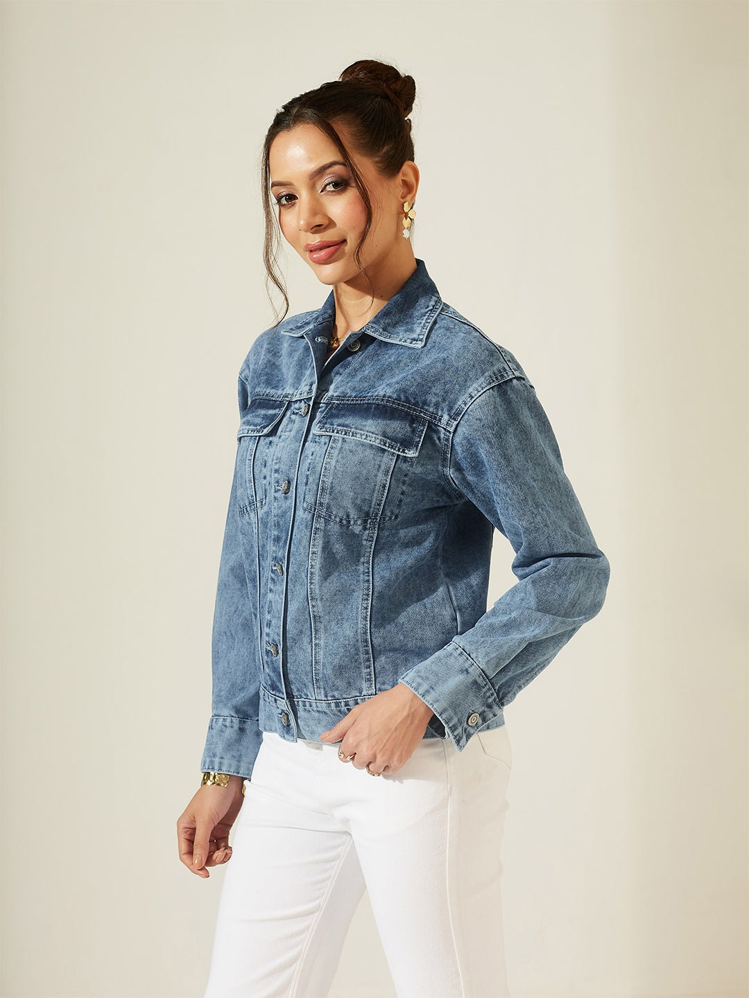 Light Blue Collared Full Sleeve Solid Classic with Textured Threadwork Sequin Embellishment Full-Back Artwork Denim Jacket for Women