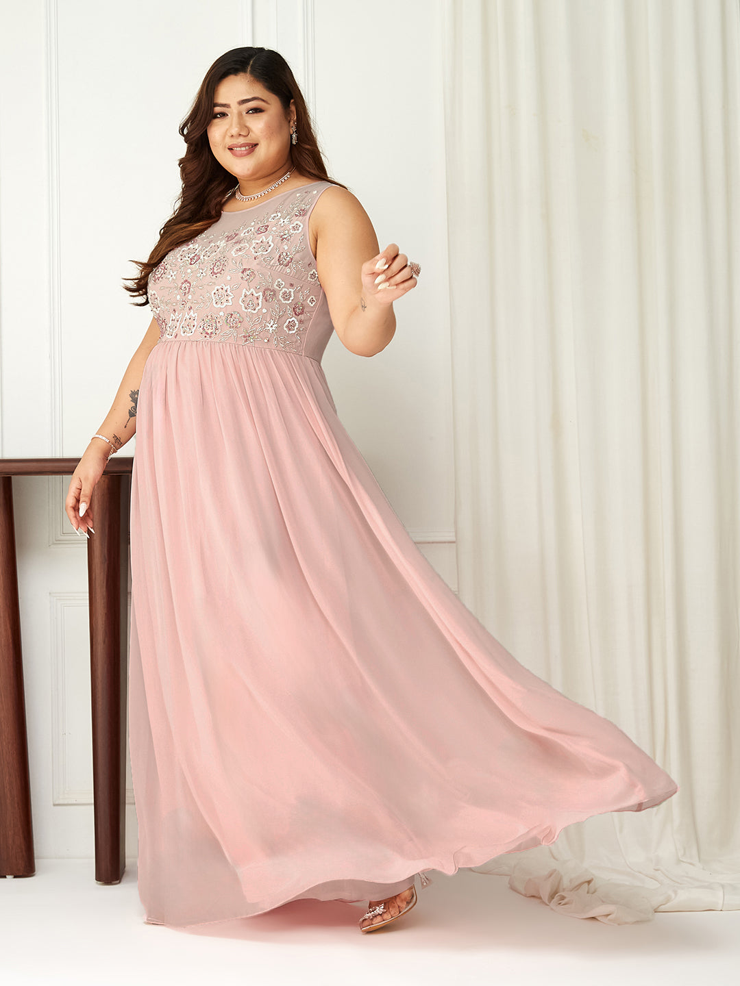Body Bliss Pink Sequin Embroidery Gathered Maxi Dress