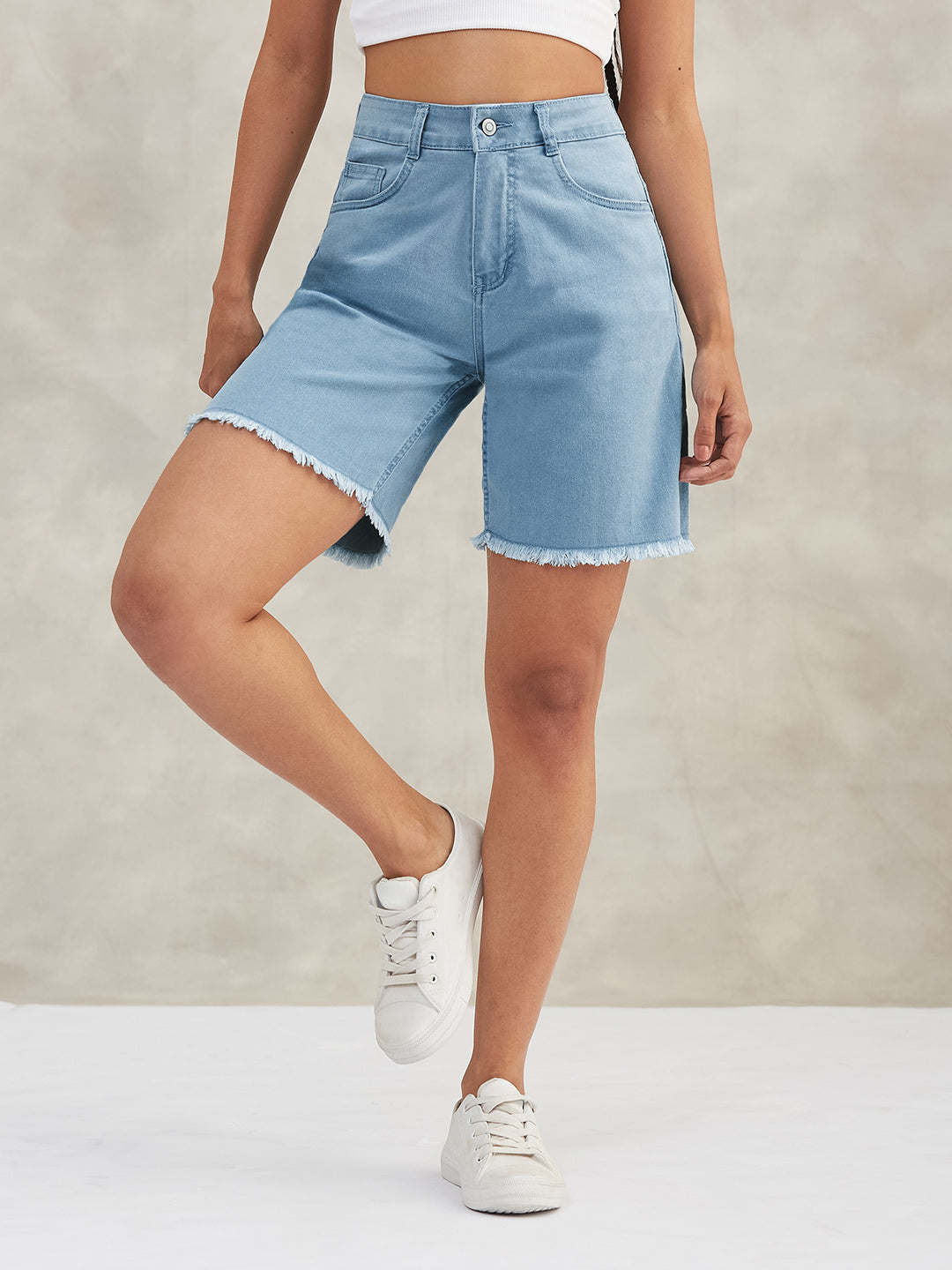 Women's Light Blue Regular High Rise Clean Look Above Knee Stretchable Denim Shorts