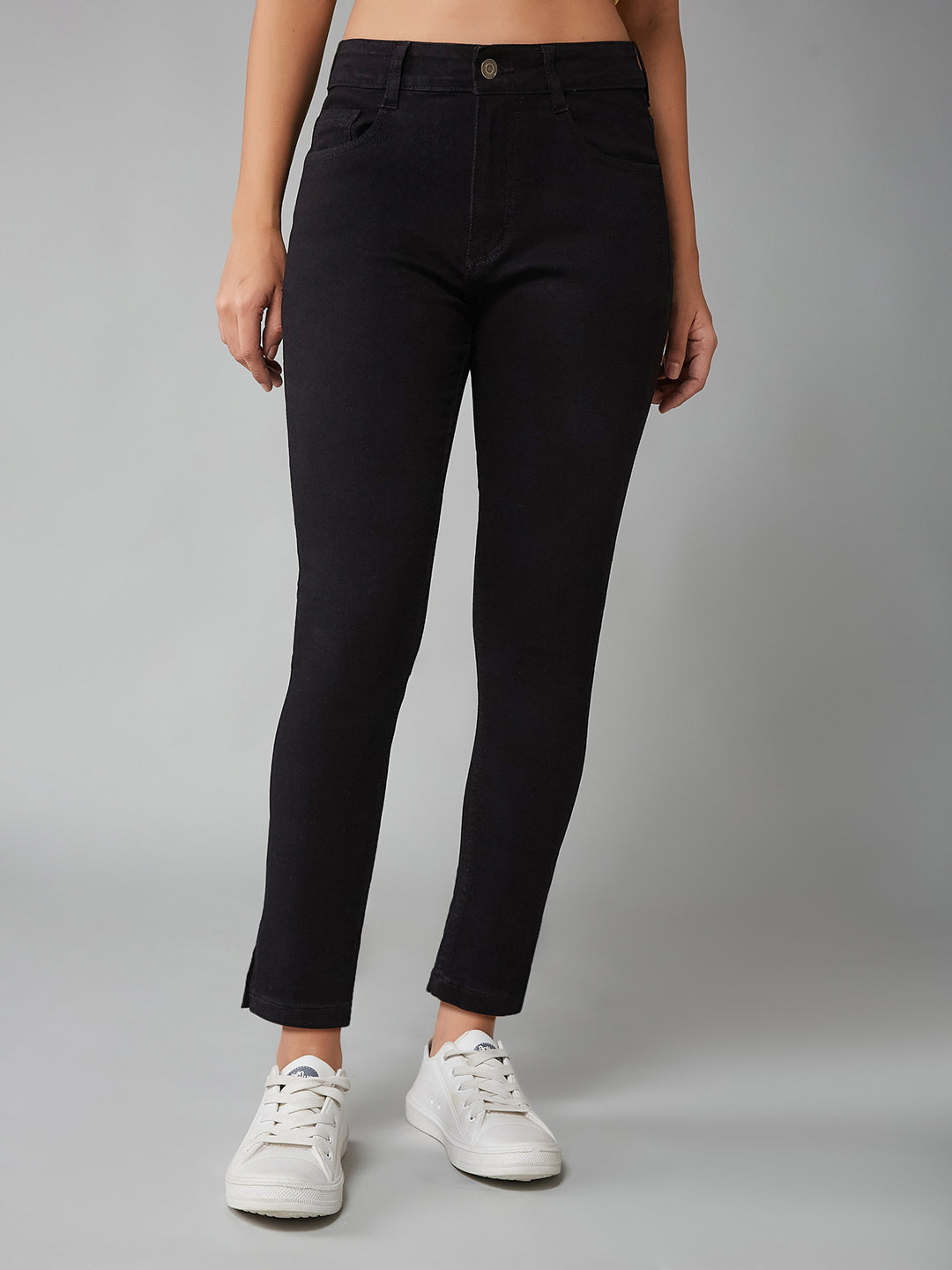 Women's Black Skinny High-Rise Clean-Look Cropped Stretchable Denim Jeans