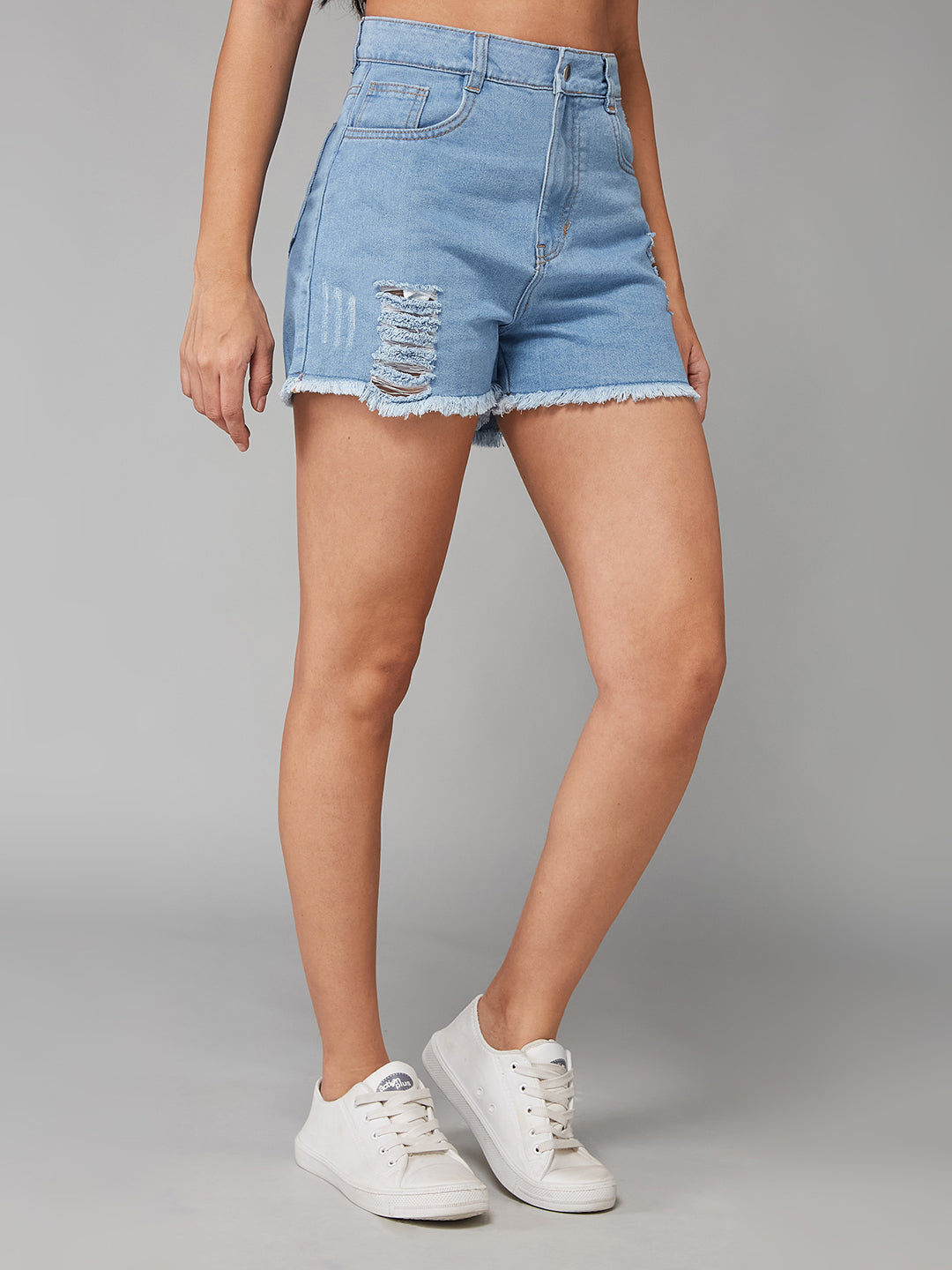 Women's Blue Relaxed Mid-Rise High Distress Regular Non-Stretchable Denim Shorts