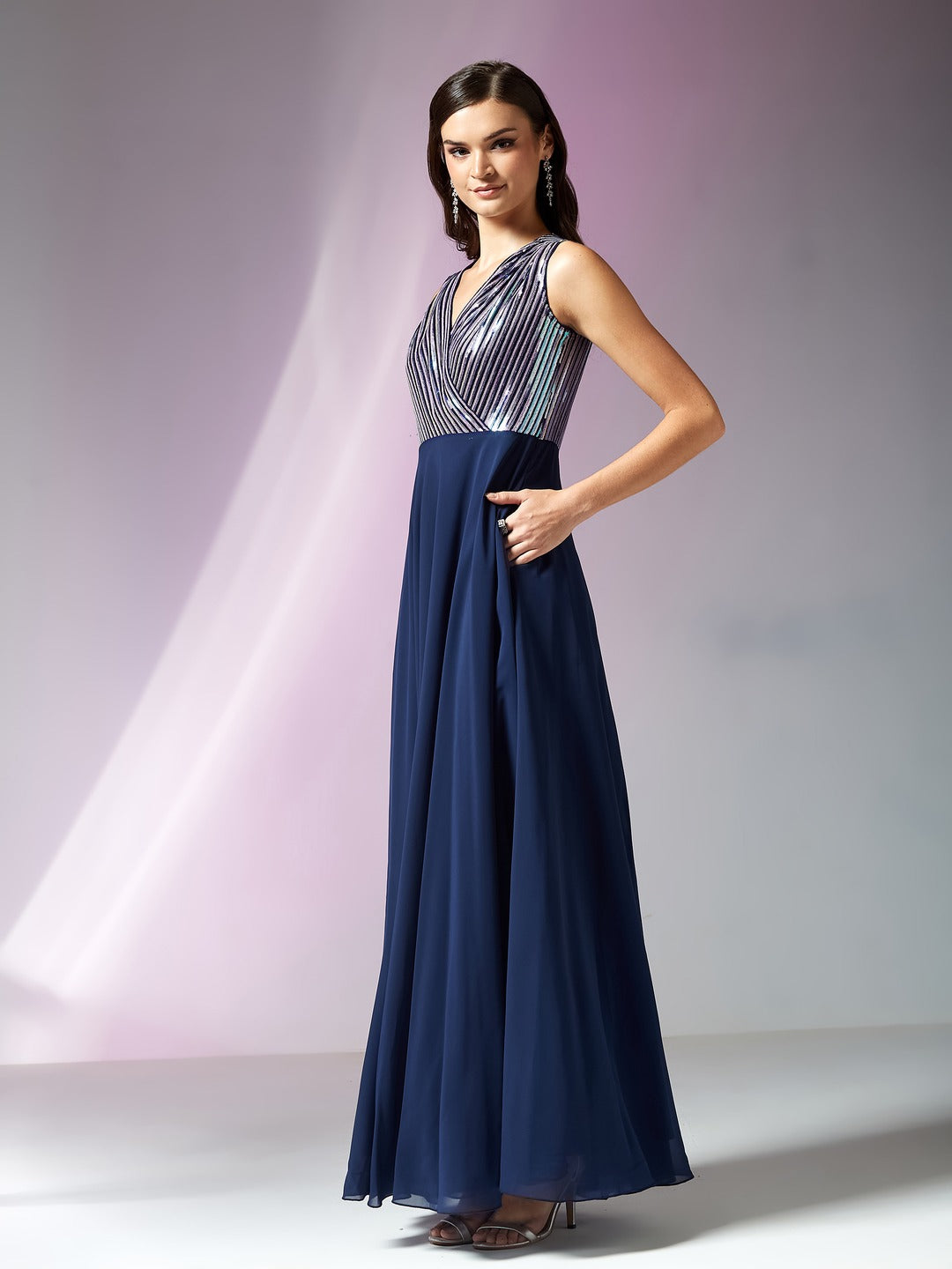 Navy Blue V-Neck Sleeveless Embellished Wrap Maxi Georgette Dress for Women
