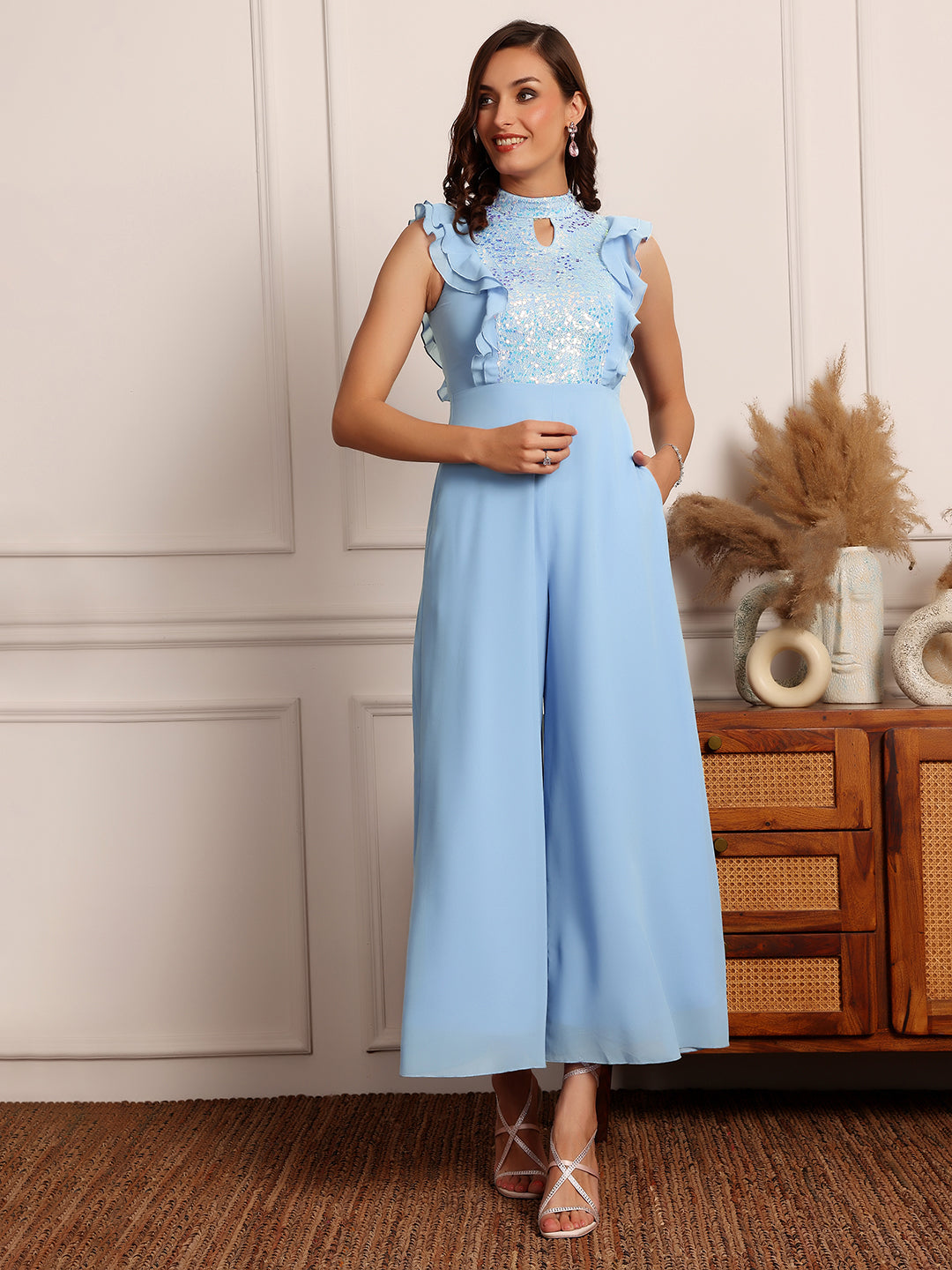 Women's Sky Blue Key-Hole Neck Sleeveless Embellished Ruffle Georgette Jumpsuit