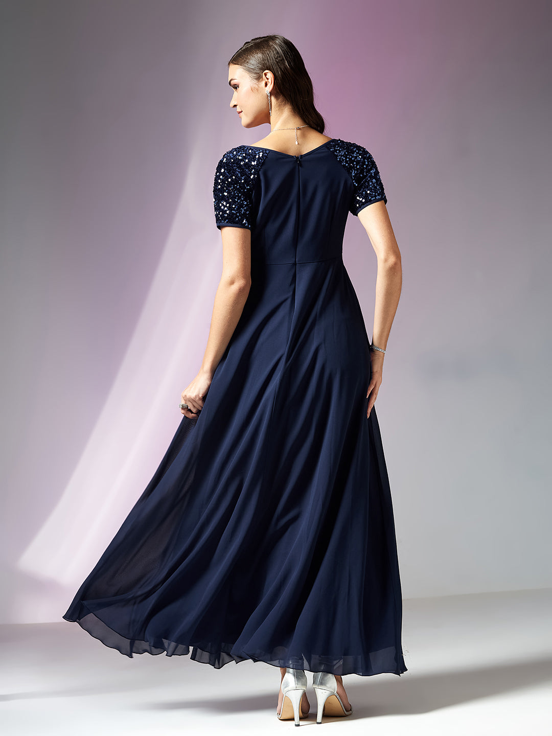 Navy-Blue Relaxed Fit Maxi Georgette Dress for Women