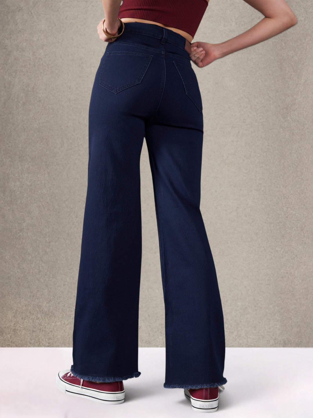 Navy Blue Wide-Leg High-Rise Stretchable Denim Jeans for Women