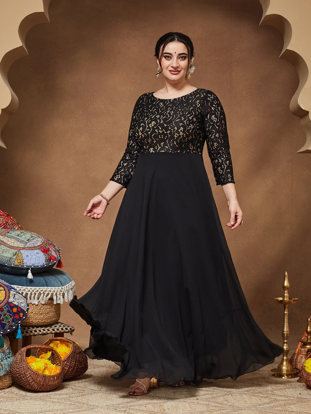 Black Self Design Boat Neck 3/4 Sleeves Side Pocketed Georgette Fit and Flare Maxi Length Dress for Women — Miss Chase A+