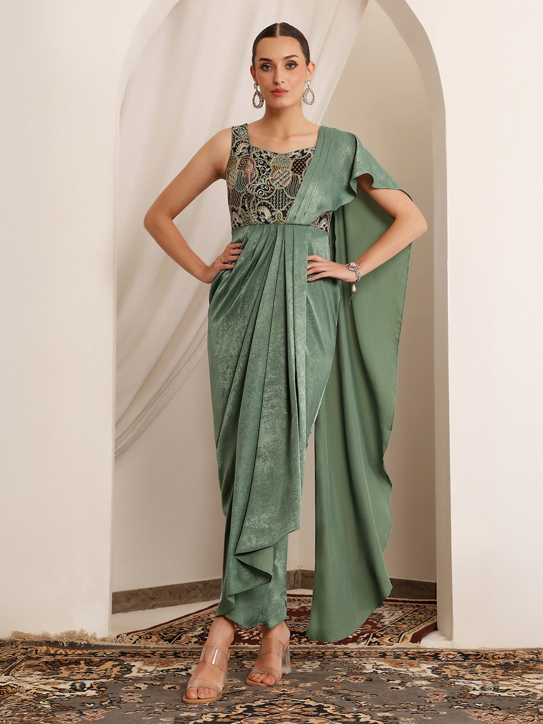 Tota Mirage Sage Green Embroidered Satin Maxi Dress