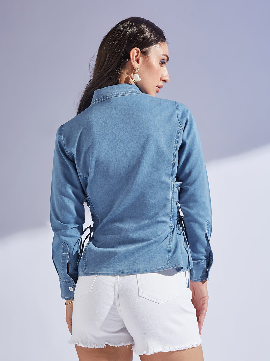 Women's Light Blue Shirt Collar Full Sleeve Adjustable Tie Up Regular-Length Denim Shirt