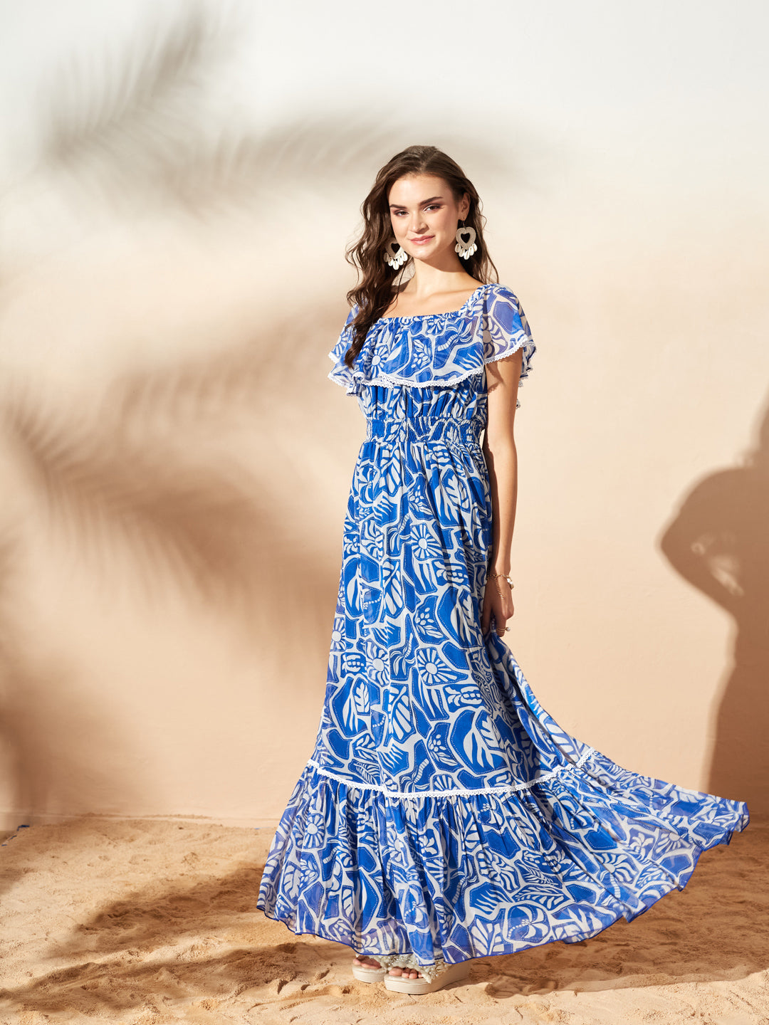 White & Blue Square Neck Cape Floral Tiered Maxi Chiffon Dress for Women — Miss Chase