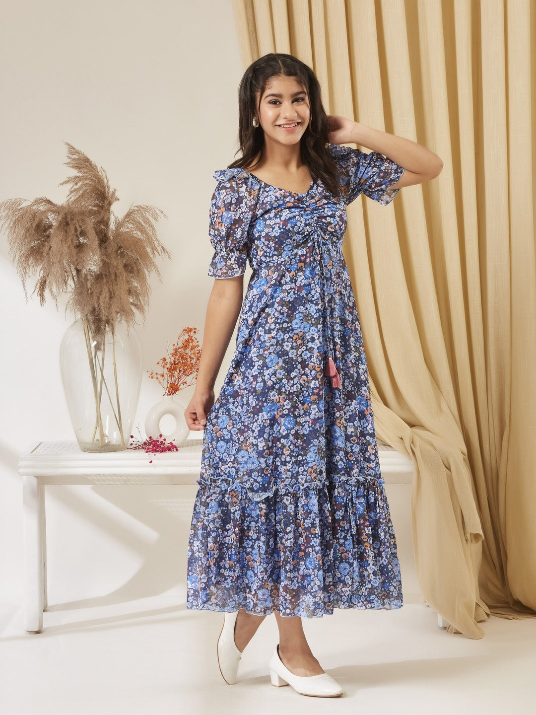 Navy Blue V-Neck Puff Sleeve Floral Ruching Ankle-Length Dress for Girls/Teenagers