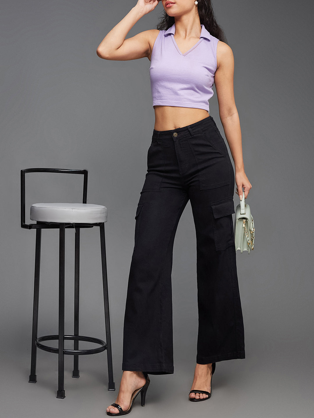 24/7 Comfort Black Wide-Leg High-Rise Stretchable Denim Cargo Jeans