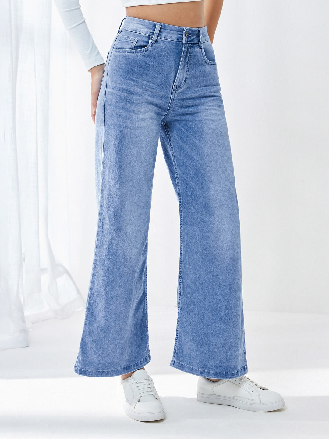 CHASEshape™ Light Blue Wide-Leg High-Rise Clean-Look Regular-Length Stretchable Jeans for Women