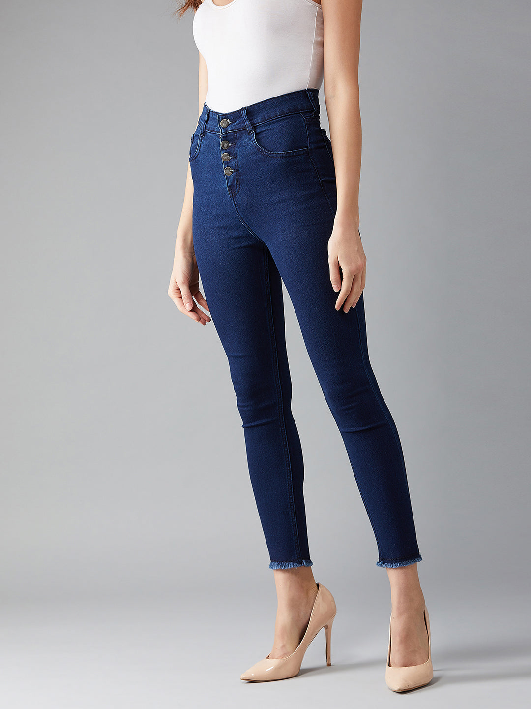 CHASEstretch™ Navy-Blue Skinny High-Rise Solid Fringed Hemline Cropped Denim Jeans
