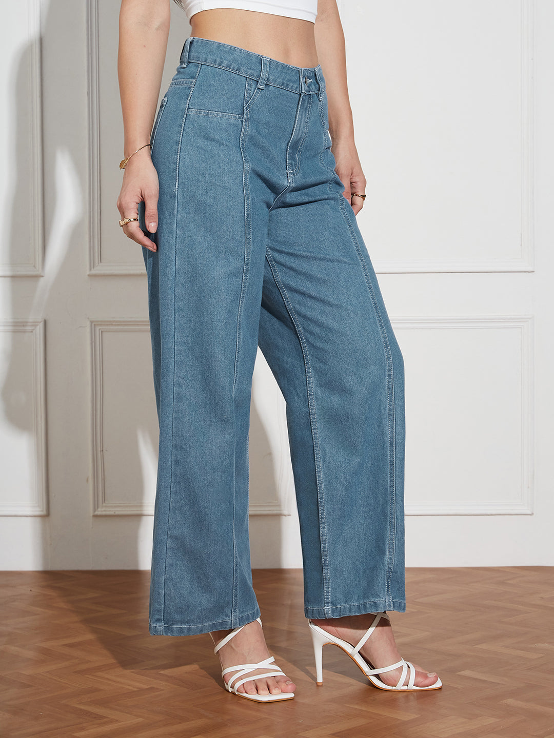 Women's Blue Wide-Leg High-Rise Clean-Look Regular-Length Denim Jeans