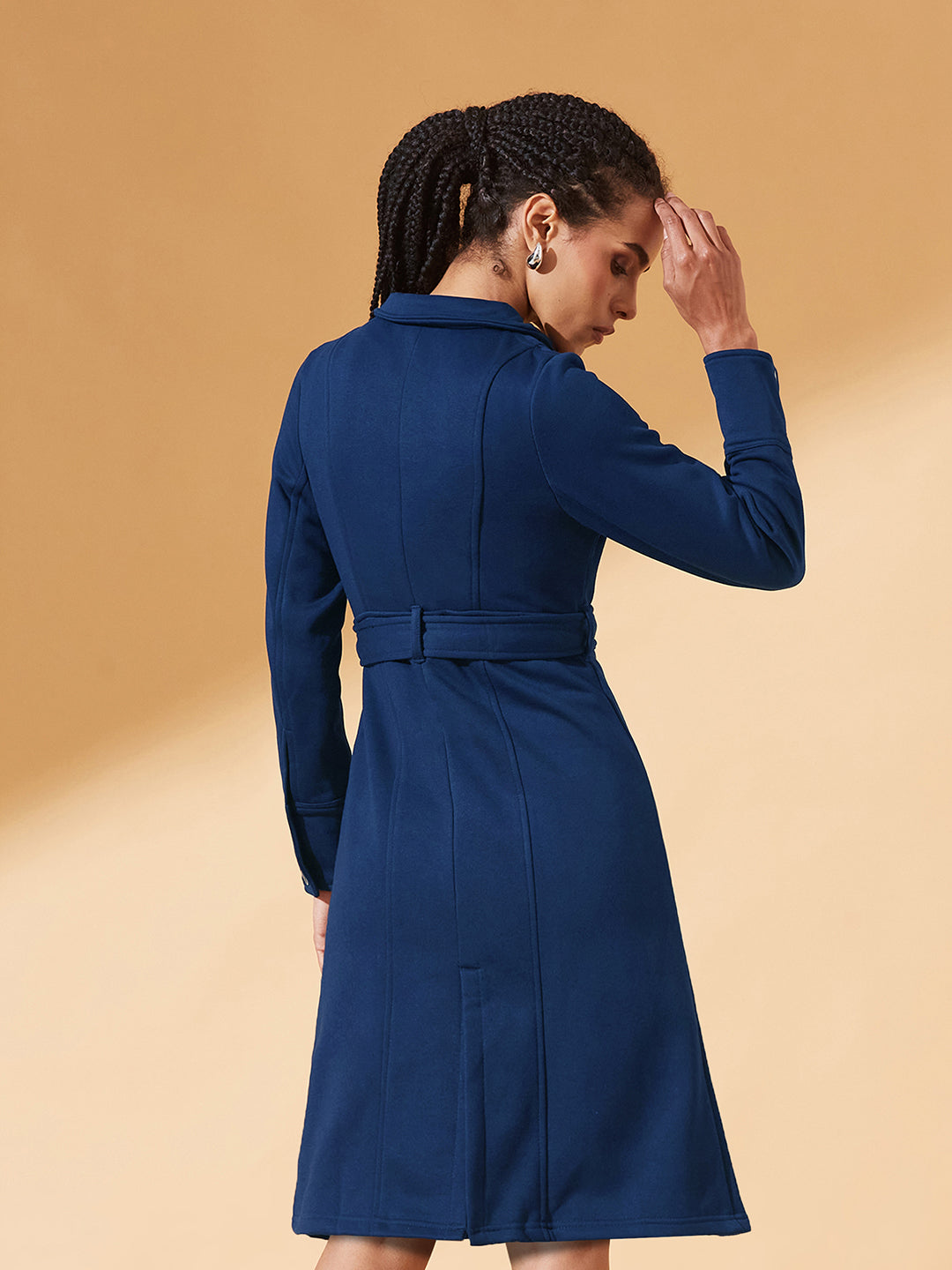 Navy-Blue Collared Full Sleeve Solid Tie-up Longline Jacket for Women