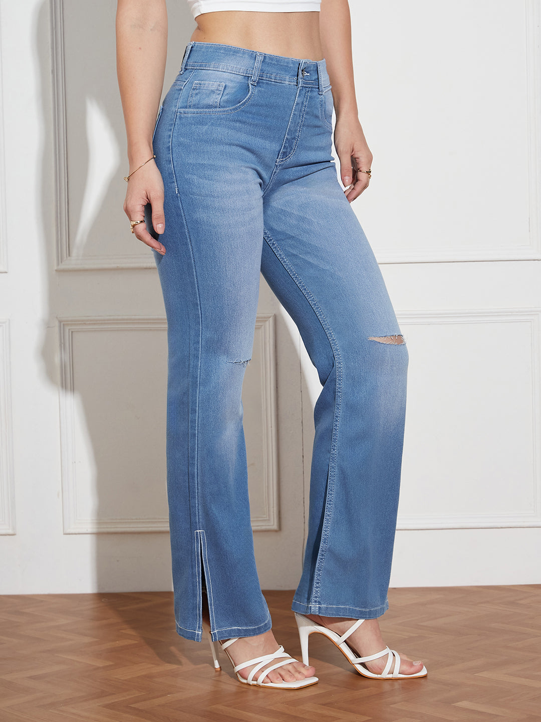 Women's Blue Wide-Leg Relaxed Mid Rise Regular Length Denim Stretchable Jeans