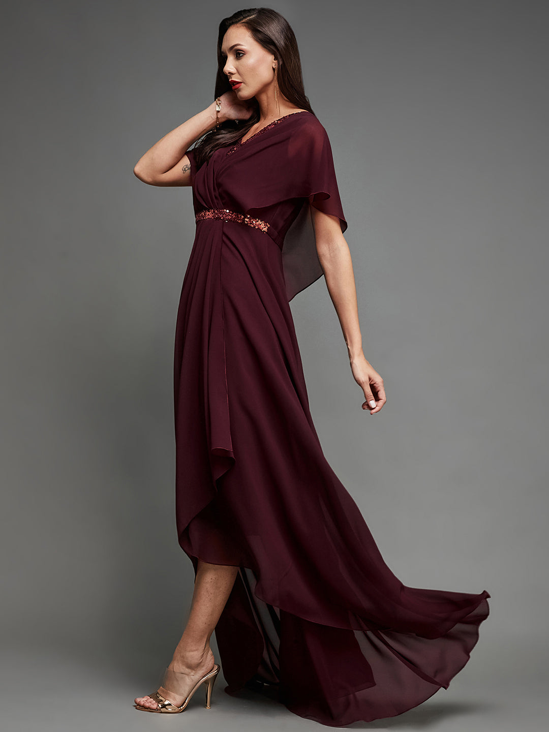 Women's Cocktail Wine Sequined V-Neck Cape Georgette Pleated Relaxed Fit party Maxi Dress