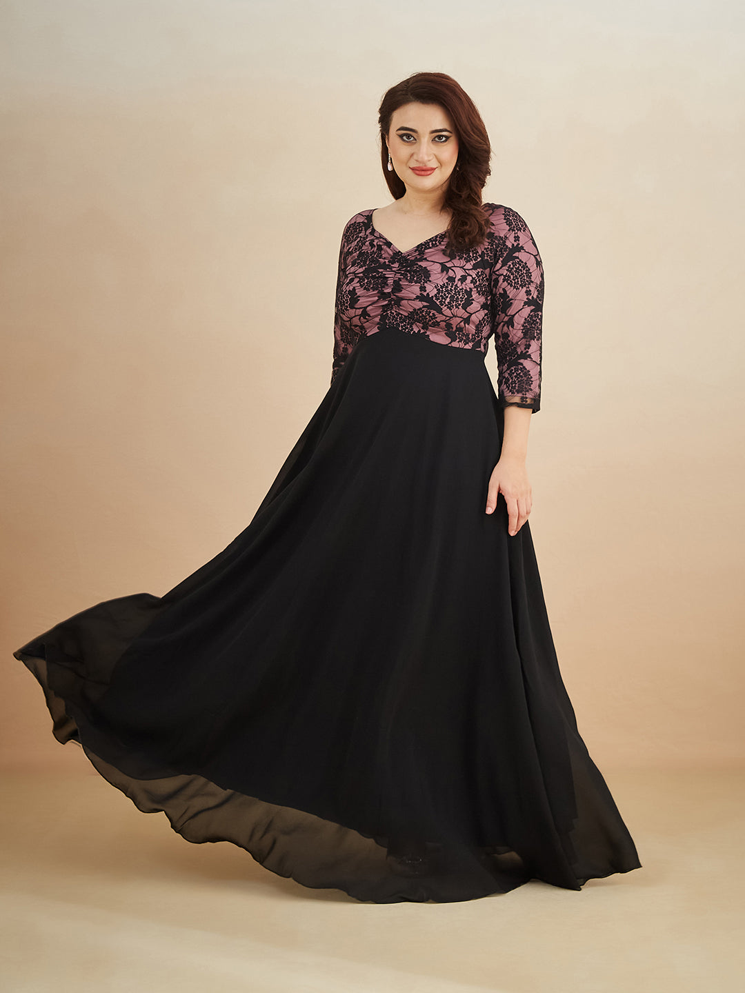 Black And Lavender Sweet heart neck 3/4 Sleeve Self Design Fit & Flare Maxi Dress for Women