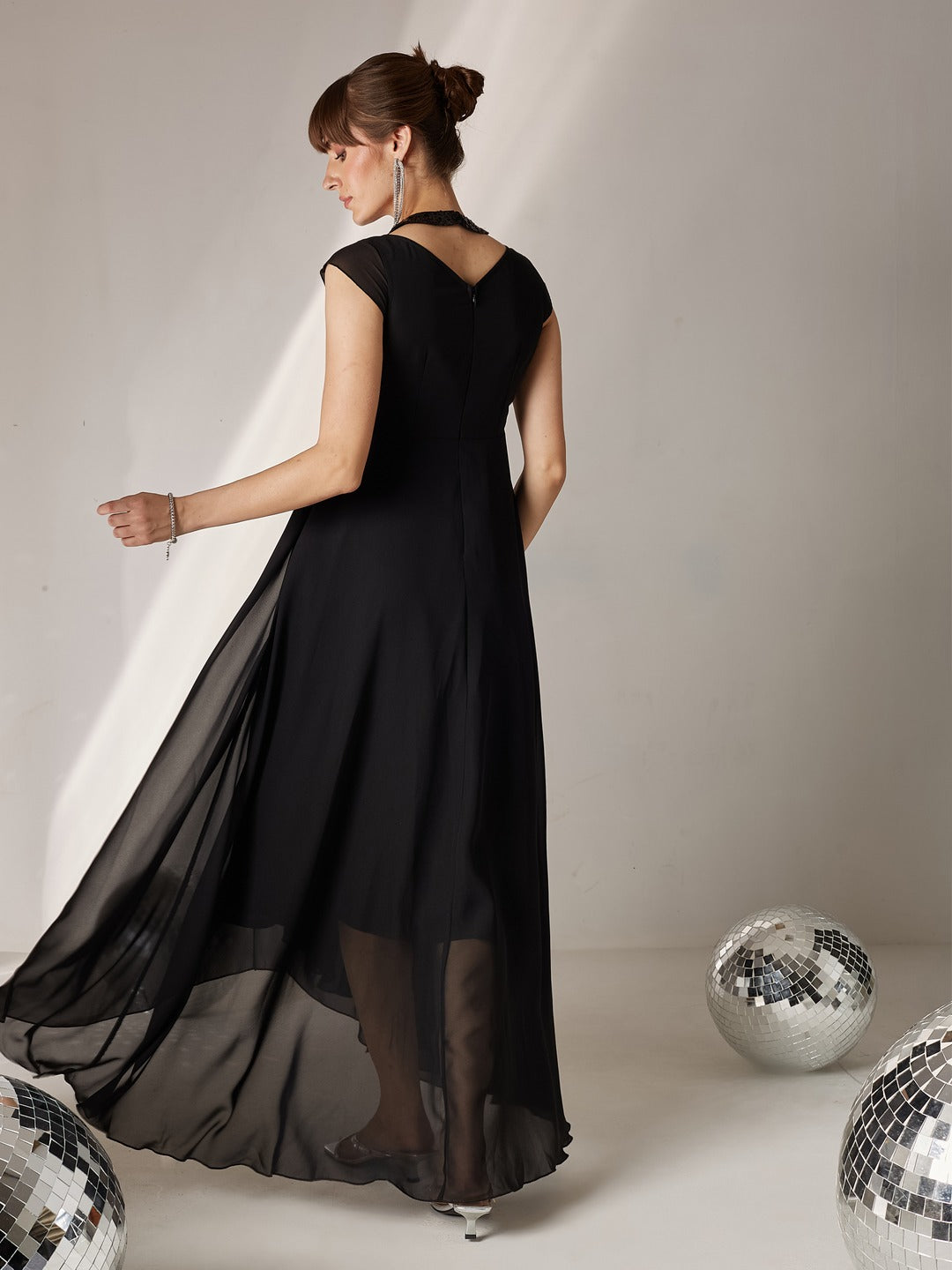 Black Halter-Neck Cap-Sleeve Solid Pleated Embellished Georgette Maxi Dress for Women