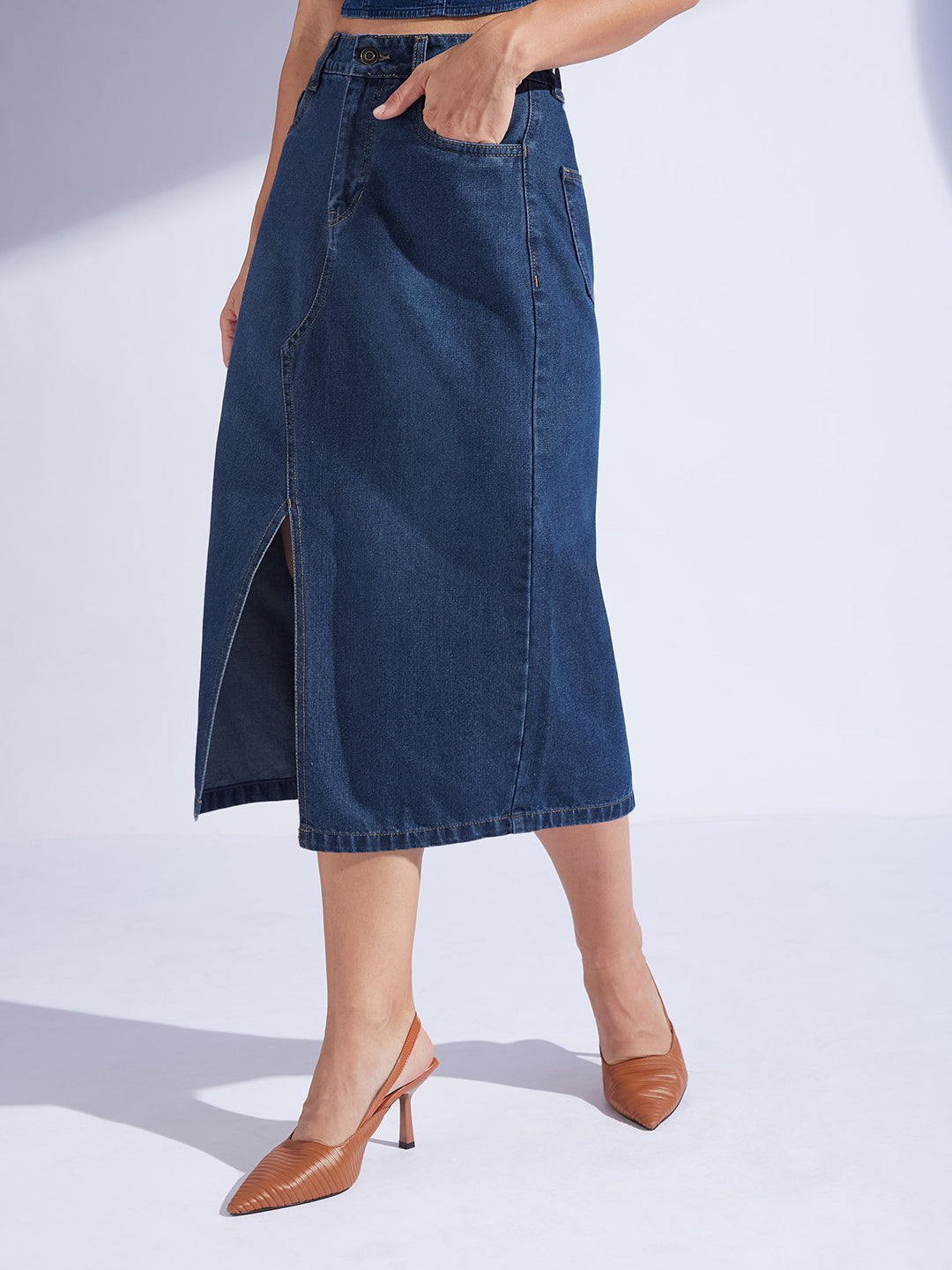 Women's Dark Blue A-Line High-Rise Clean-Look Non-stretchable Denim Midi Skirt