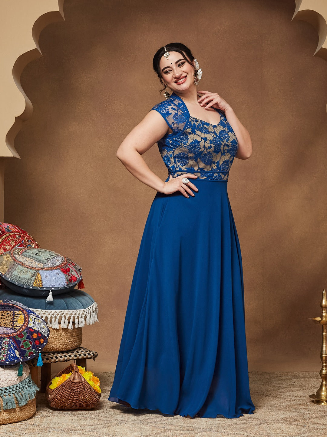 Royal Blue Sweet-Heart Neck Cap-Sleeve Floral Fit & Flare Georgette Maxi Dress for Women