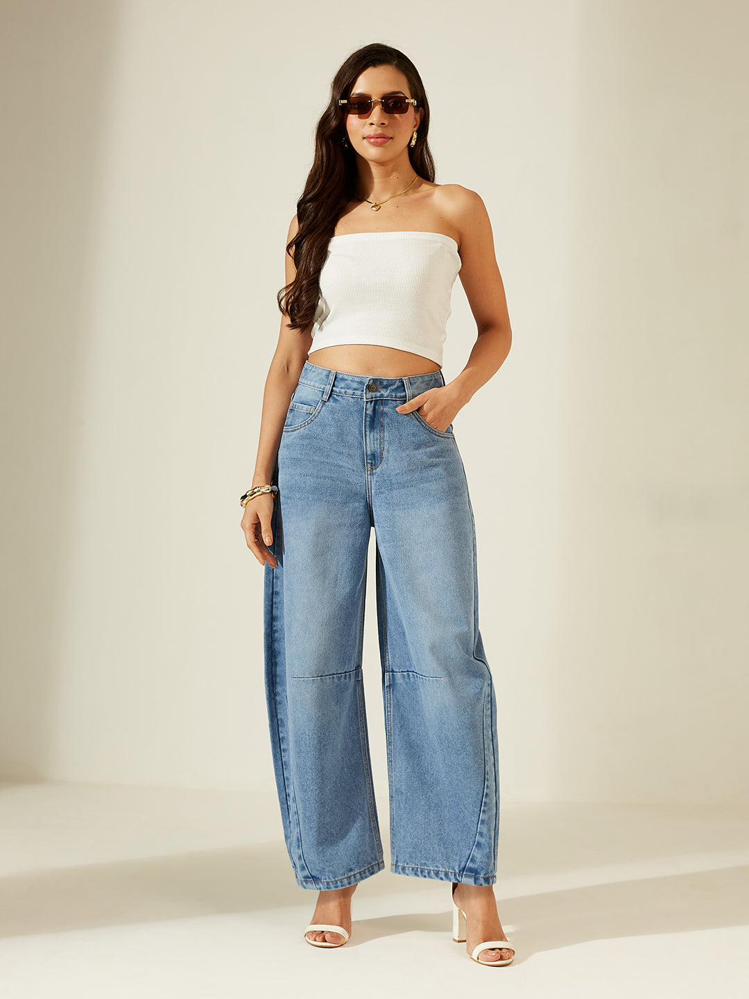 Women’s Mid Blue High Rise Barrel Fit Denim Jeans with Whiskering & Knee Dart Detailing