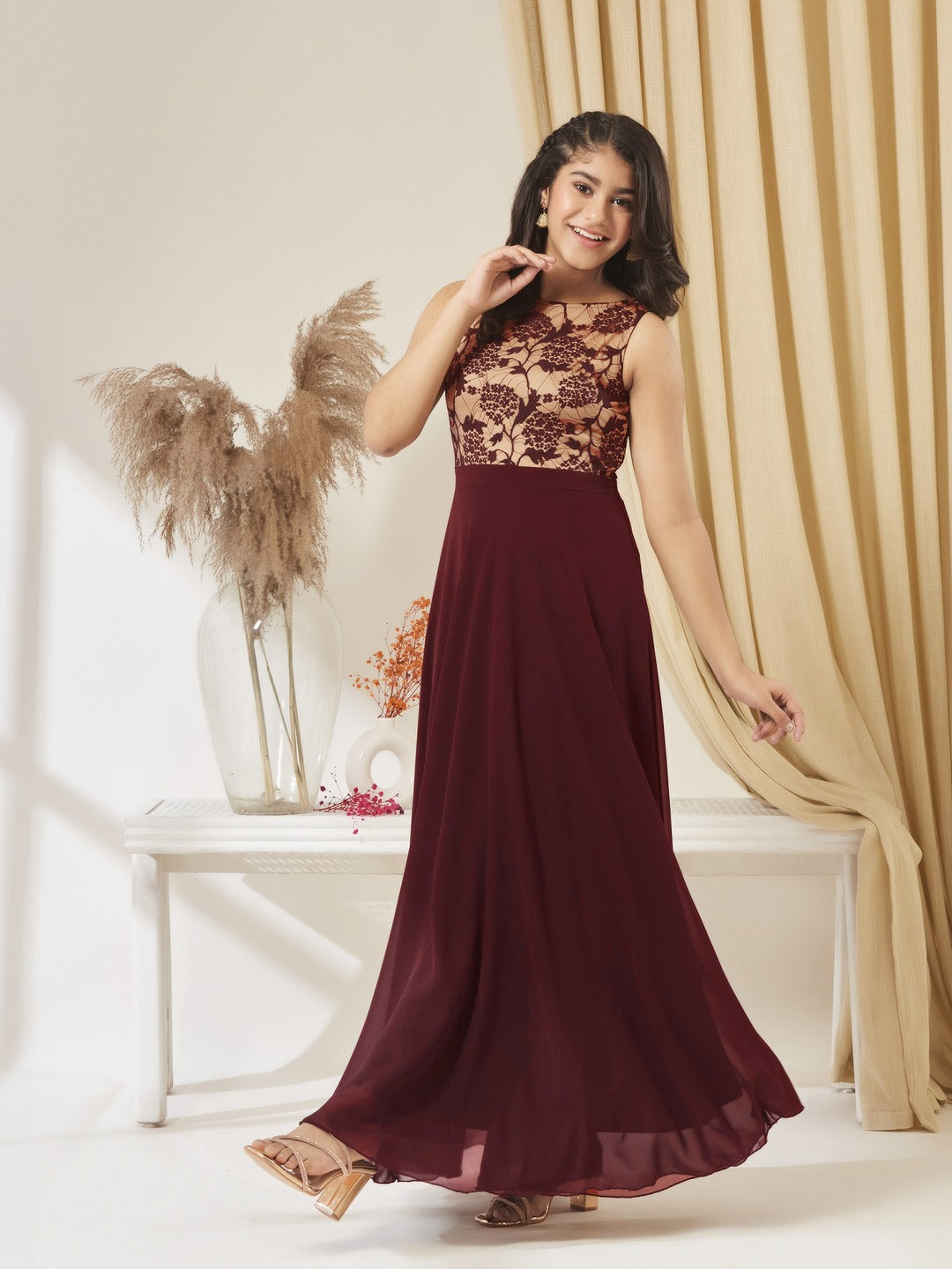 Beige & Wine Round Neck Sleeveless Georgette Floral Lace Fit & Flare Maxi Dress for Girls/Teenagers