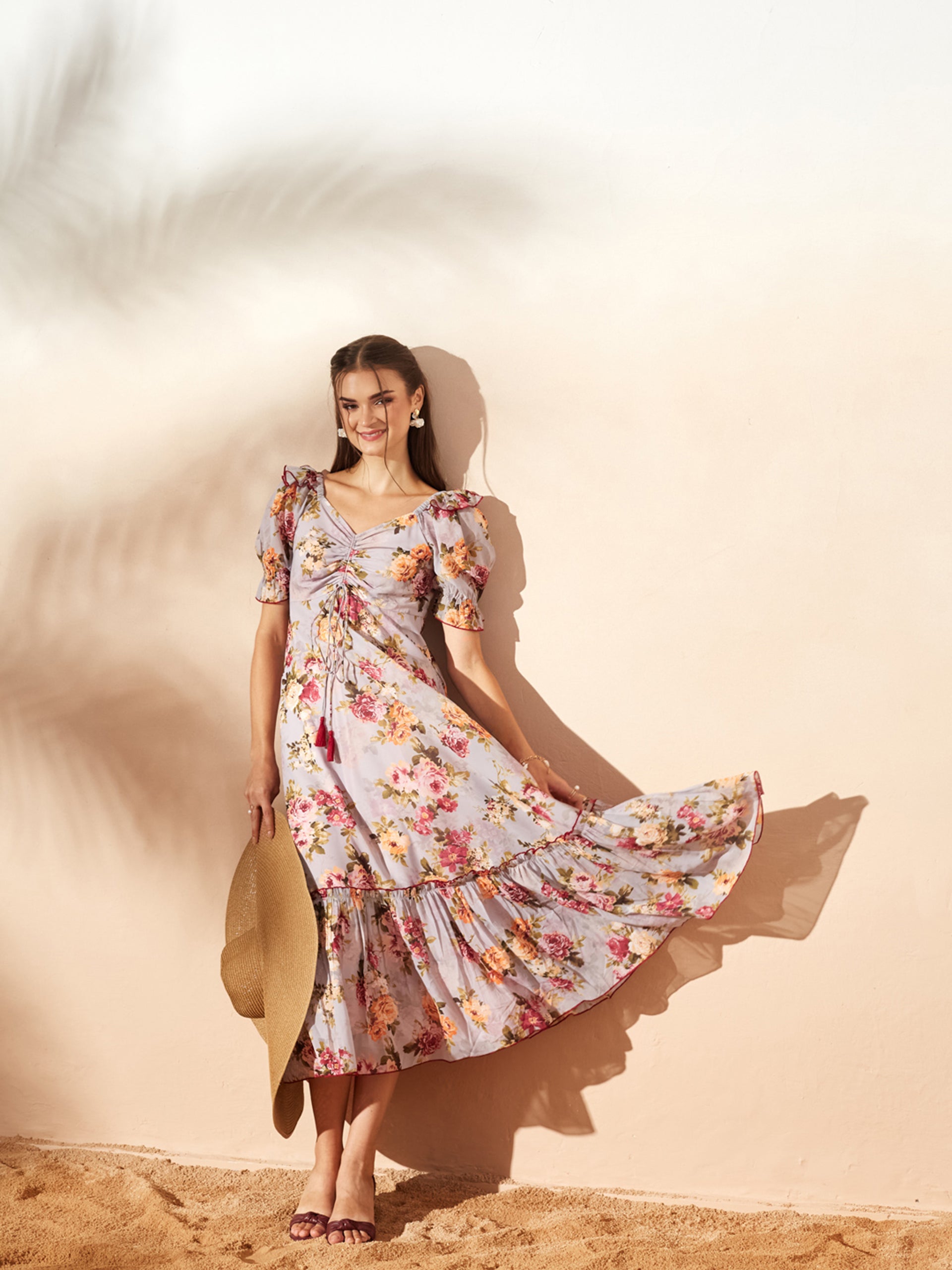 Grey Multicoloured Floral Printed Puff Sleeves Sweetheart Neck Fit and Flare Maxi Dress for Women