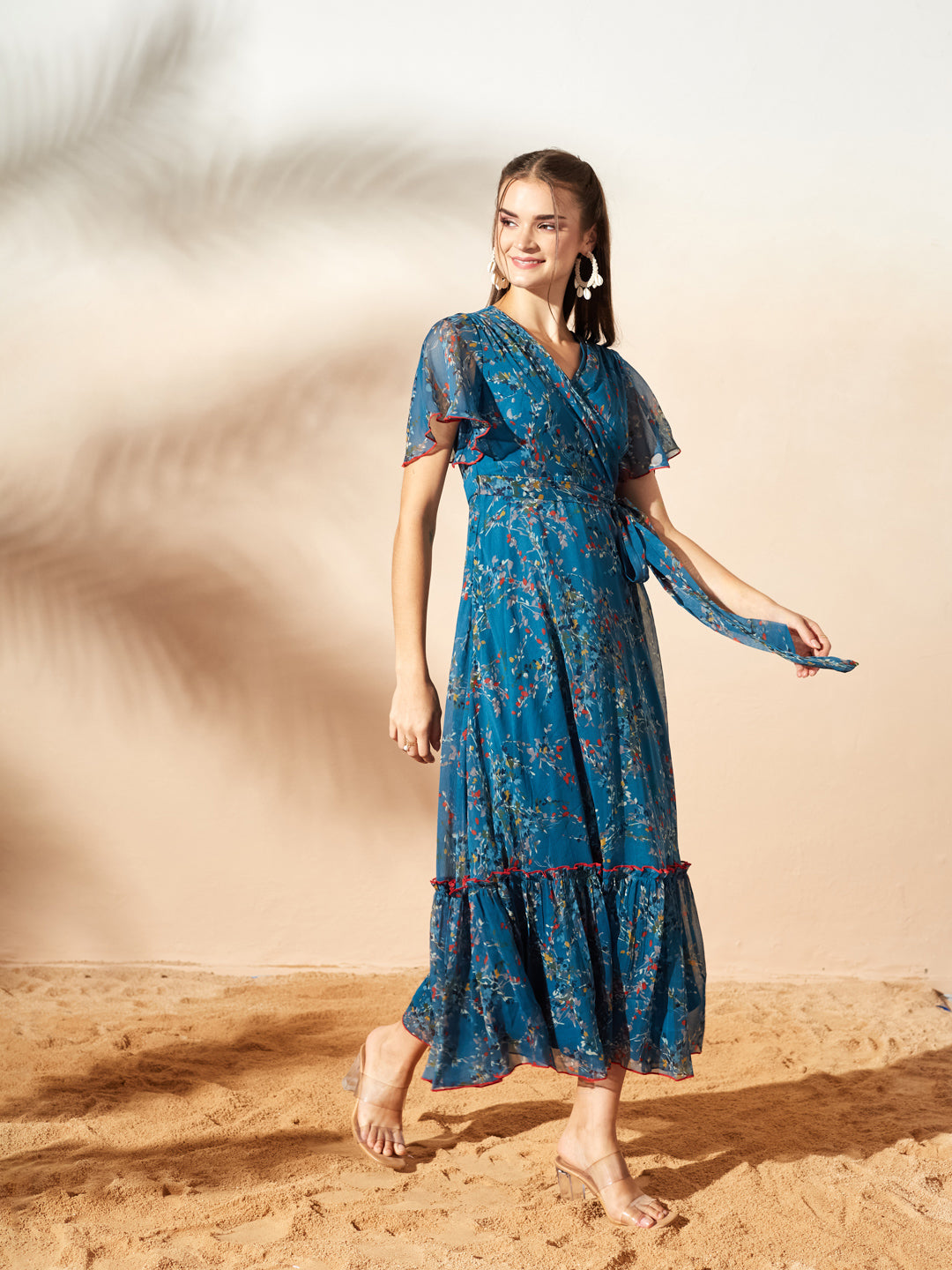 White & Blue Floral Printed Flutter Sleeves Maxi Dress for Women