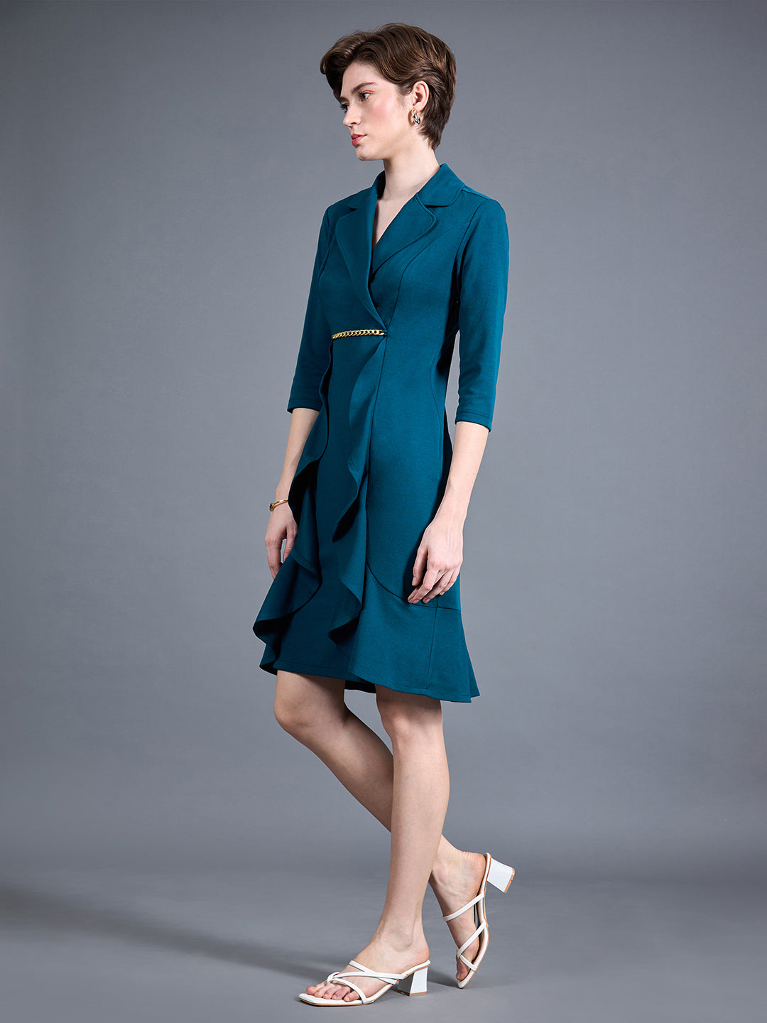 Women's Teal Solid Notched Collar 3/4 Sleeve Blazer Polyester Knee-Long Dress