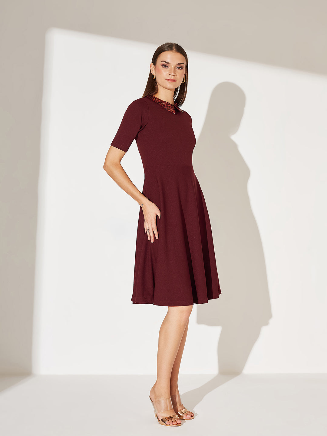 Women's Wine Red Collared Round Neck Half Sleeve Solid Knee-Long Skater Dress