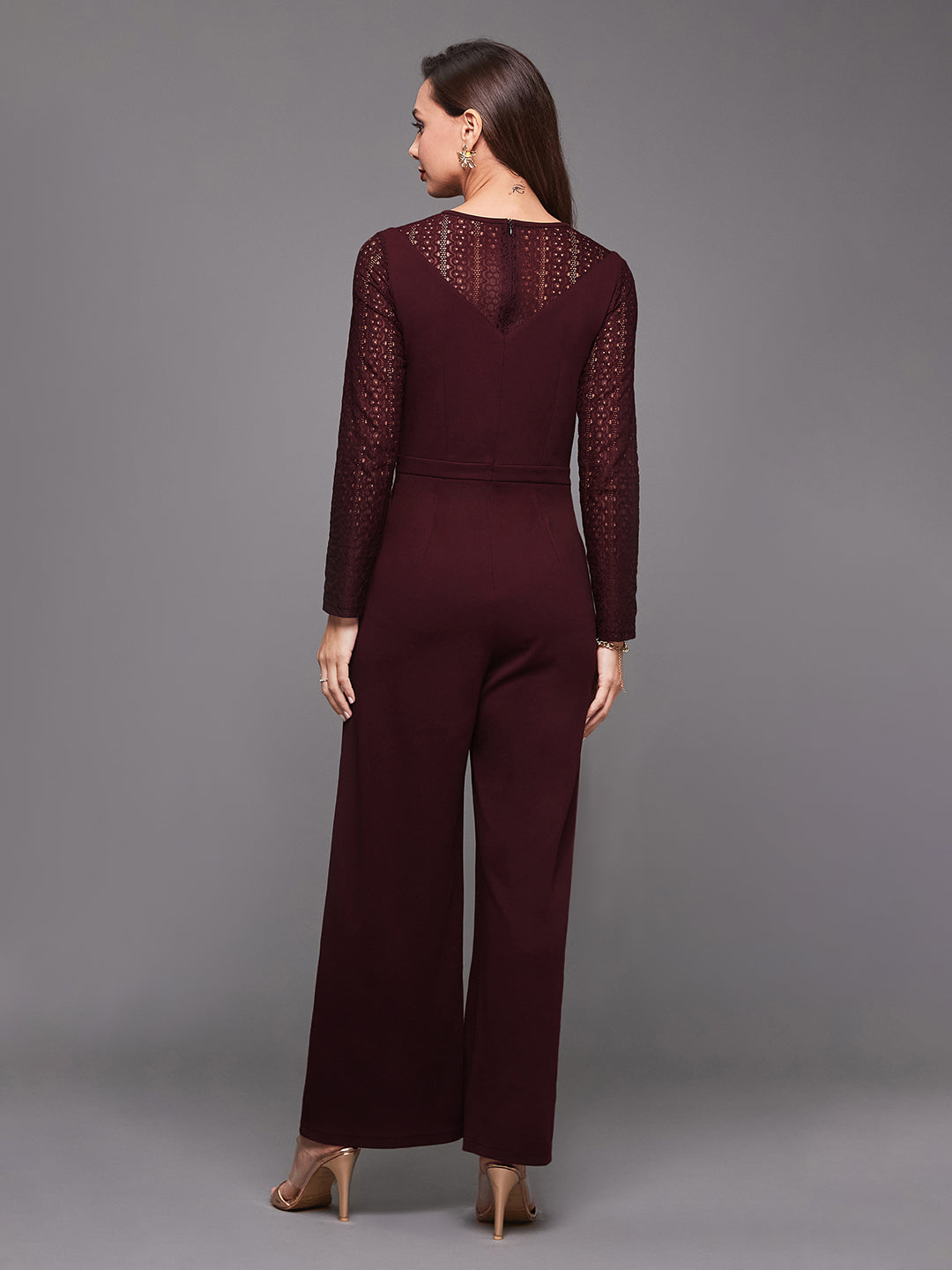 Women's Wine Round Neck Full Sleeve Self Design Cut-out Jumpsuit