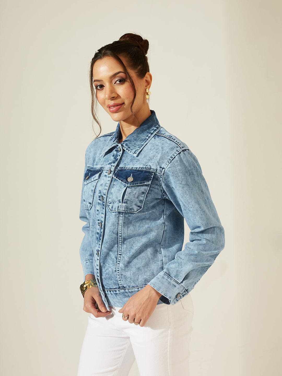 Light Blue Hand Painted Galaxy Art Full Sleeves Denim Jacket for Women