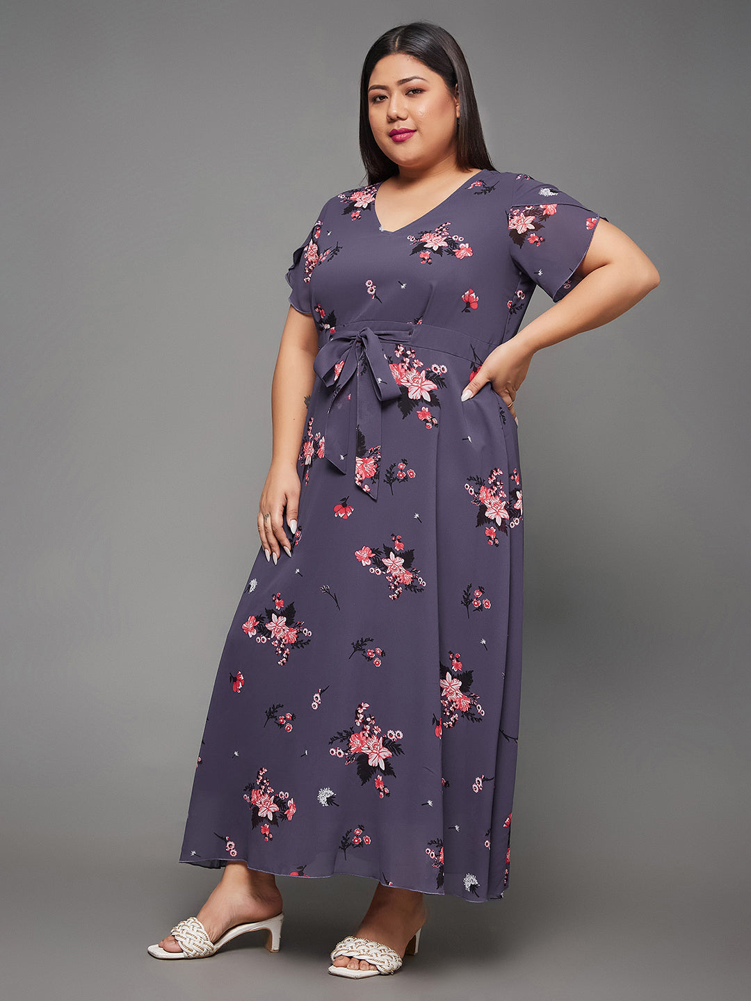 Body Bliss Multicolored Base Lavender Floral Pleated Midi Dress for Women