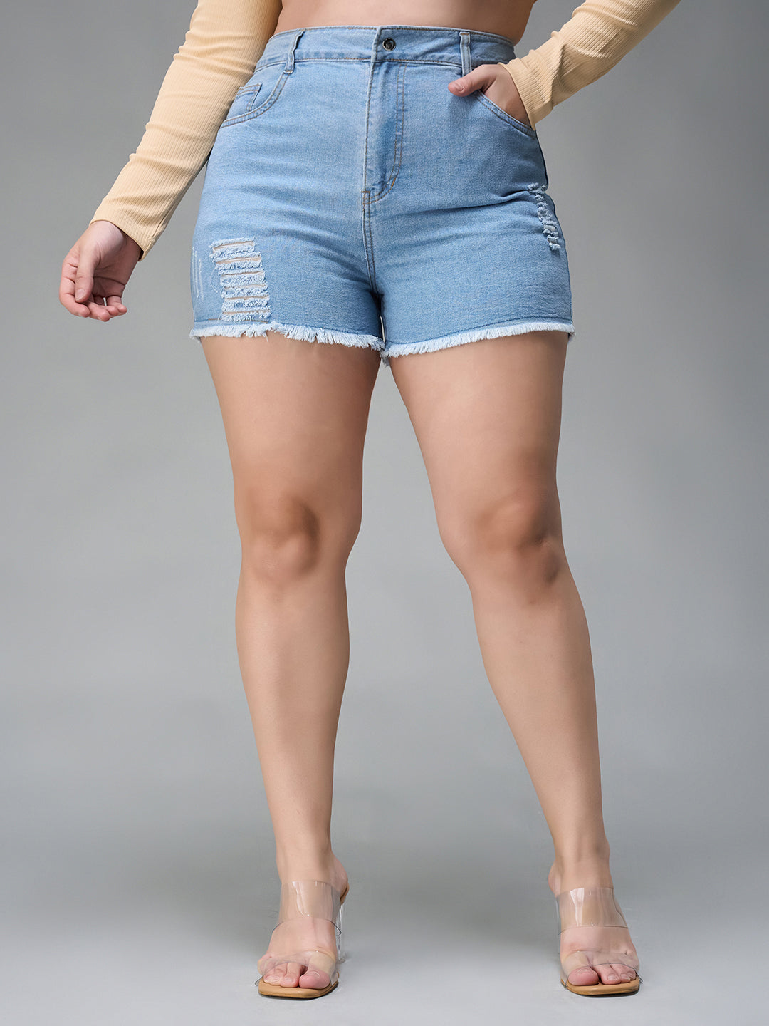 Blue denim shorts with a high waist for women