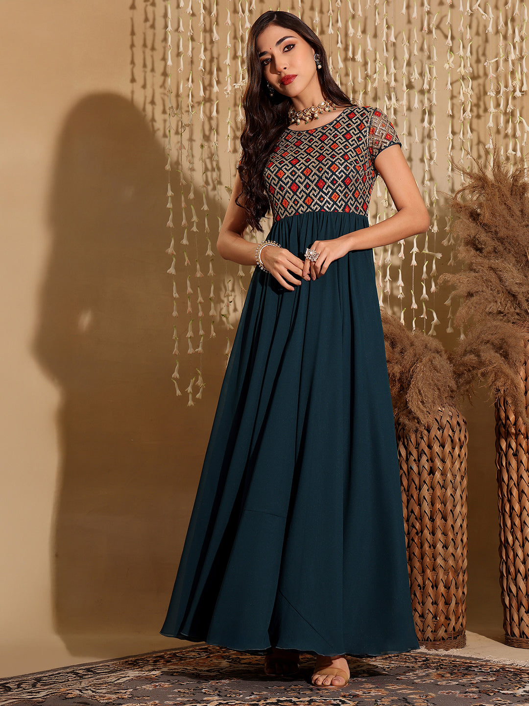 Women's Multicolored-Base-Teal Round Neck Short Sleeve Embroidered Fit and Flared Georgette Maxi Dress