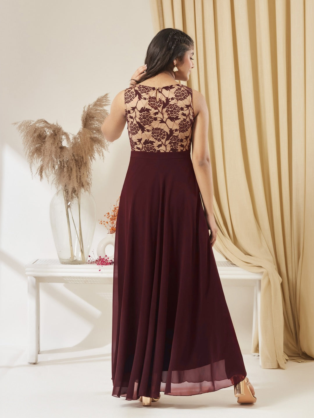 Beige & Wine Round Neck Sleeveless Georgette Floral Lace Fit & Flare Maxi Dress for Girls/Teenagers