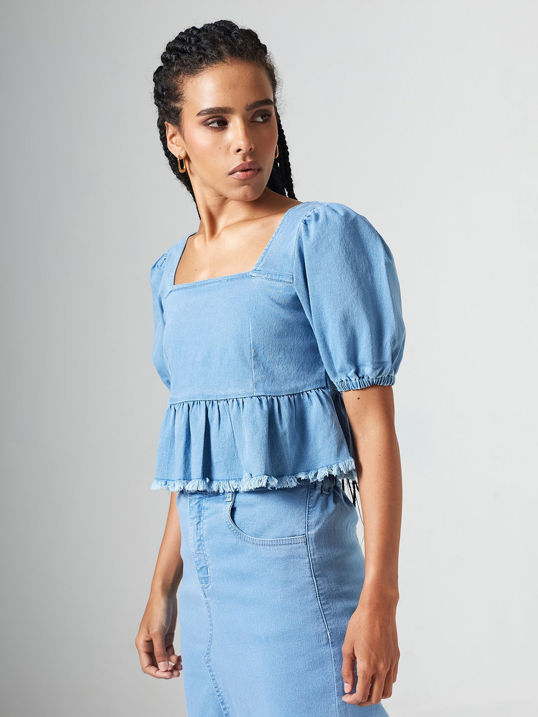 Light Blue Square-Neck Puff-Sleeve Peplum-Styled Denim Cropped Top for Women