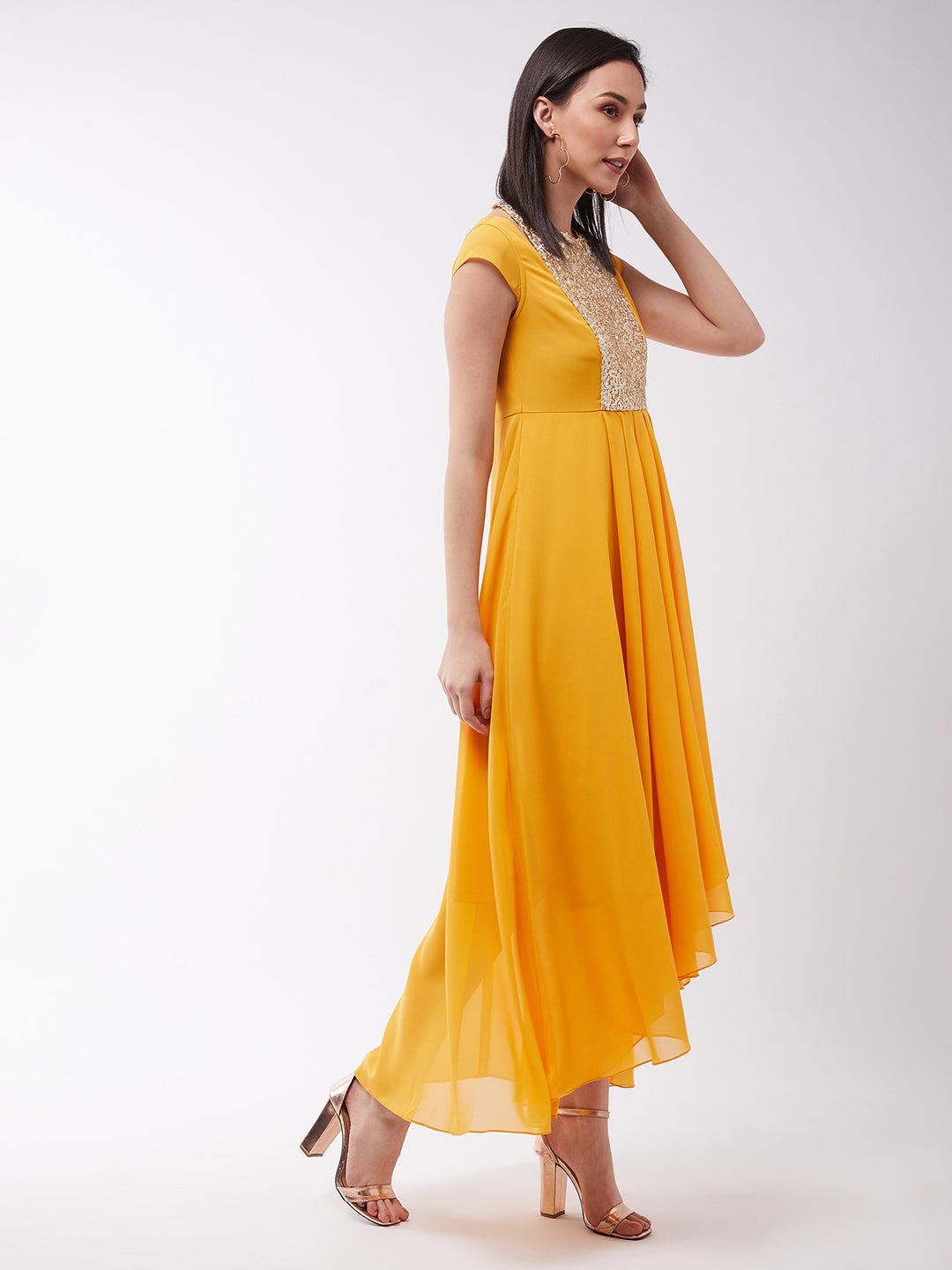 Women's Mustard Round neck Cap Sleeve Solid Embellished Maxi Dress