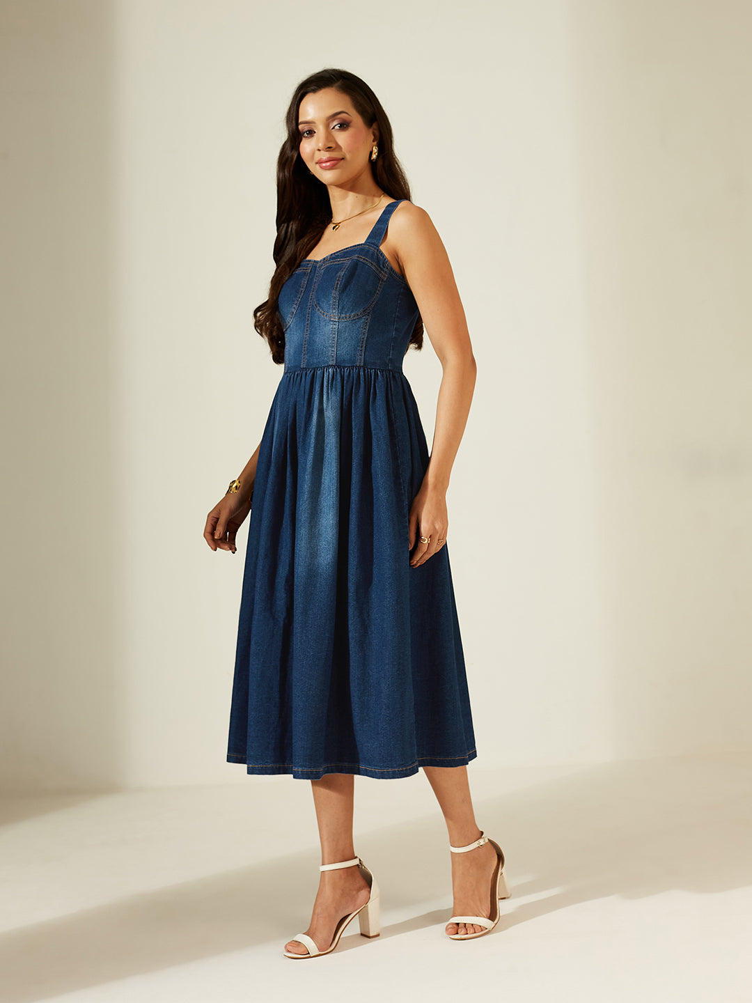 Navy Blue Sweetheart Bustier Gathered Midi Denim Dress For Women