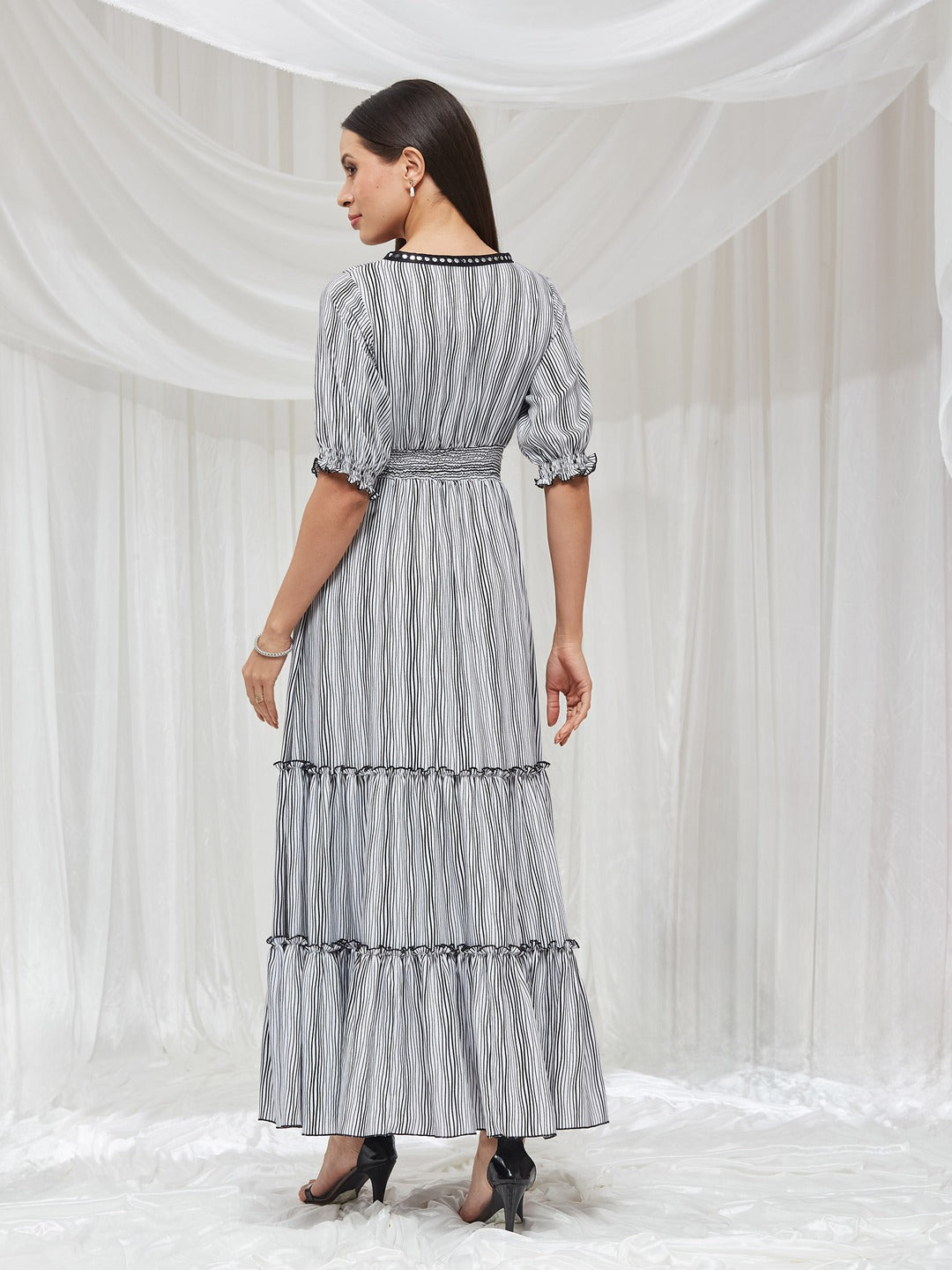 Black and White Half-Sleeved Striped Maxi Dress for Women