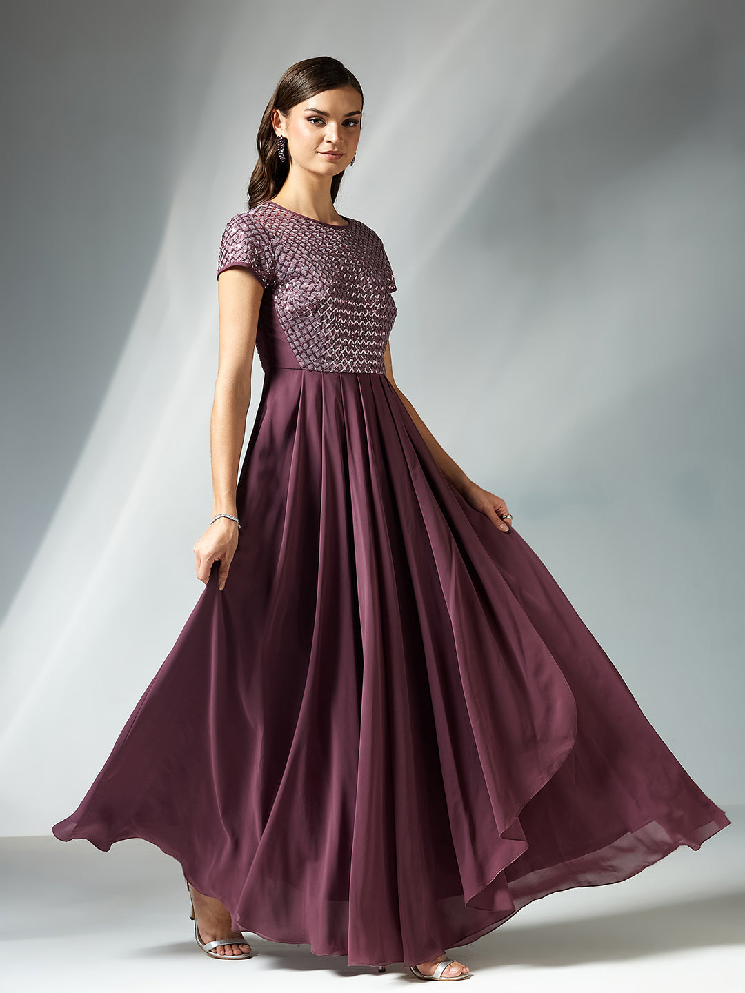 Mauve Cap Sleeves Embellished Fit and Flare Maxi Dress for Women