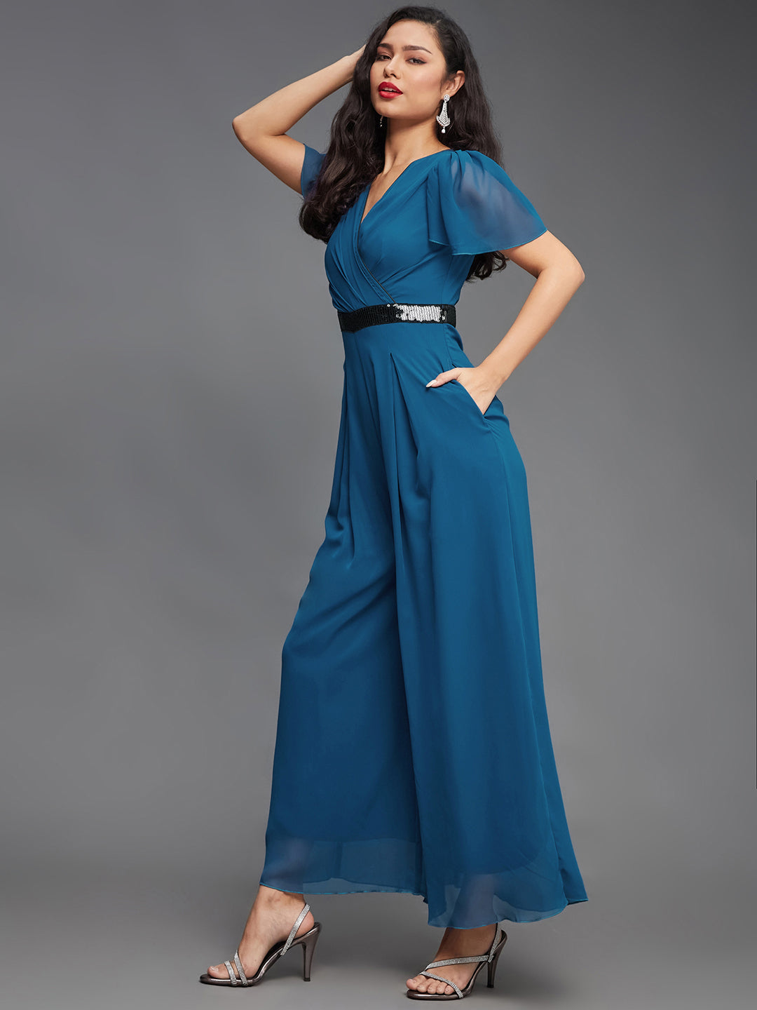 Women's Royal Blue Solid Relaxed Fit Short Sleeve V-Neck Ankle-Length Straight Jumpsuit